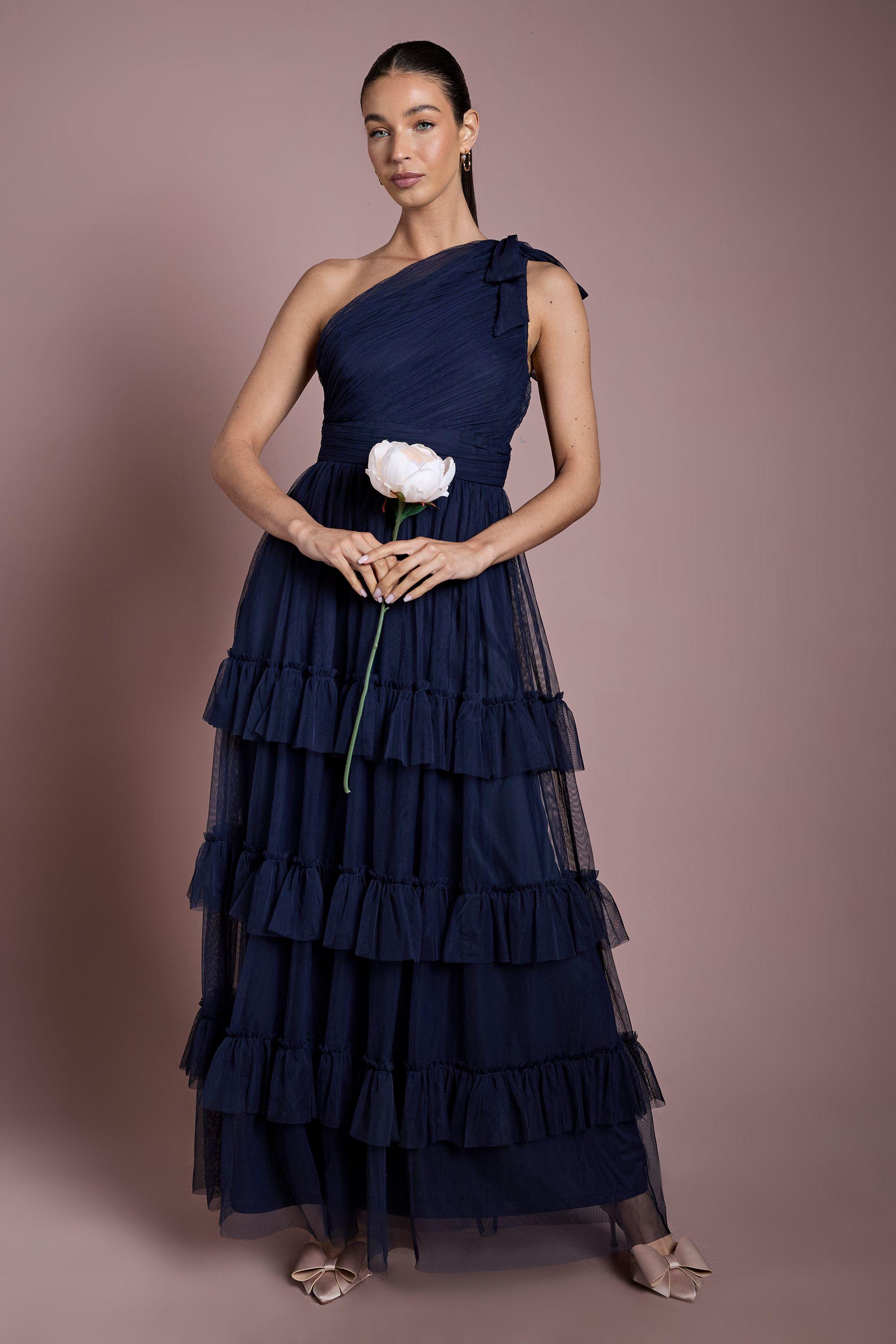 Navy Pleated Mesh One Shoulder Tiered Maxi Bridesmaid Maxi Dress by OASIS