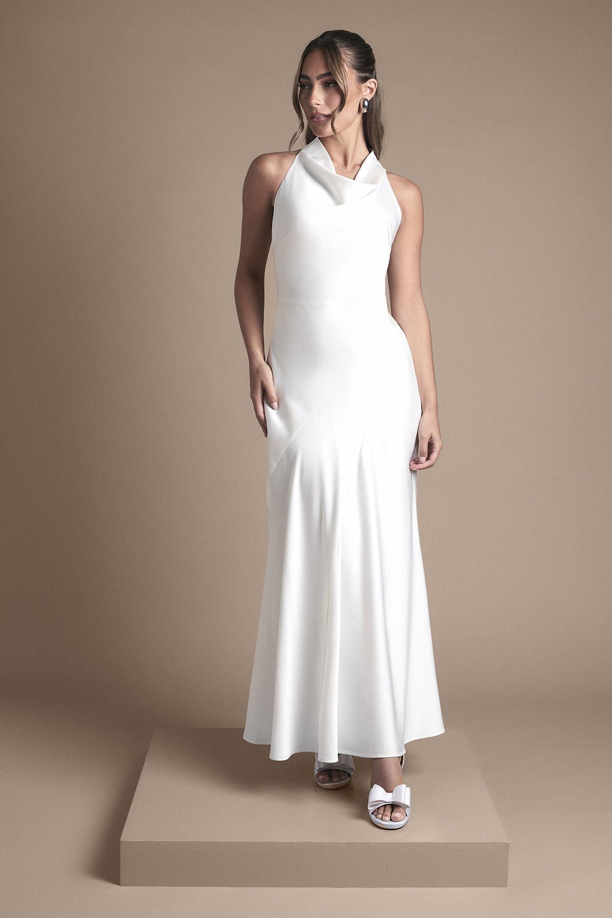 Oasis Cowl Halterneck Satin Maxi  Wedding Dress by OASIS