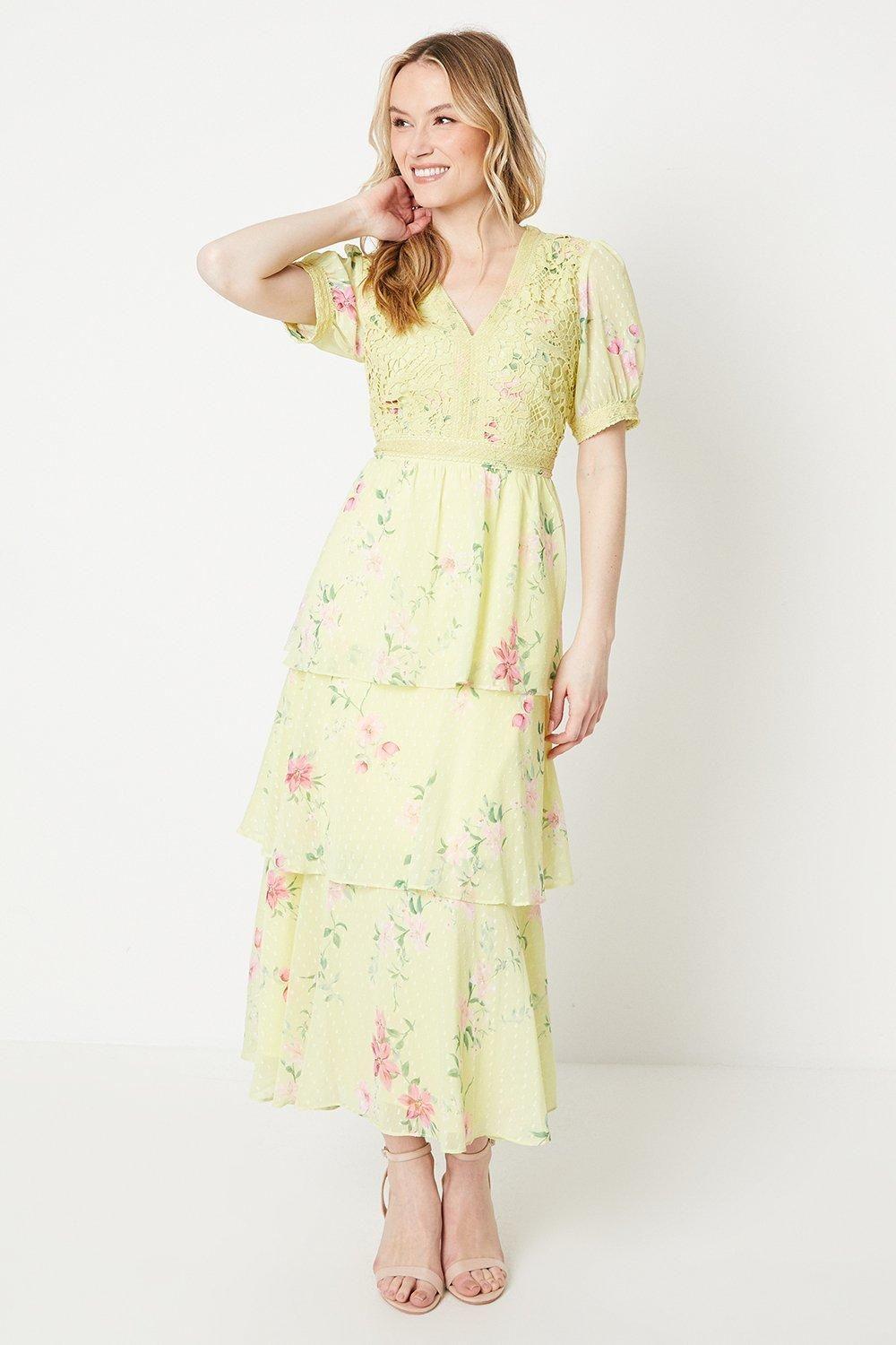 Occasion Floral Lace Bodice Tiered Midi Dress by OASIS