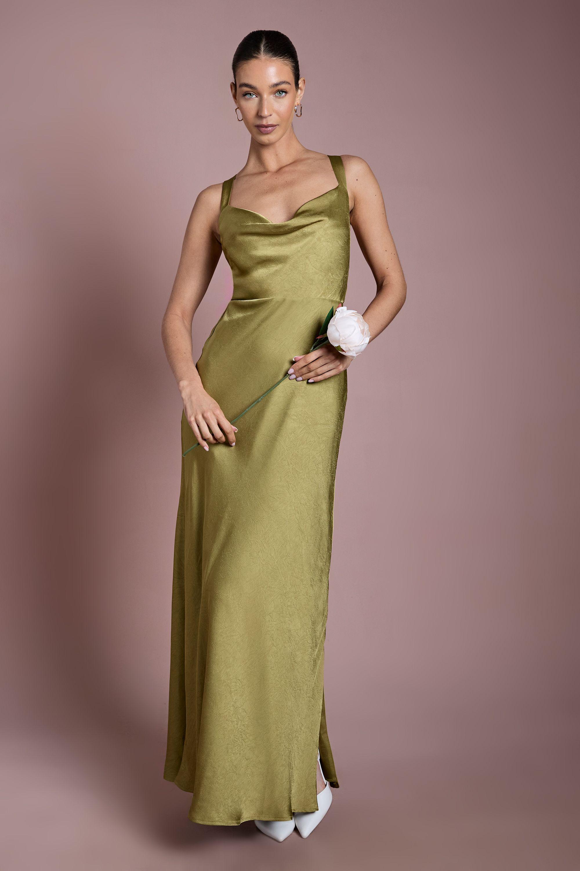 Olive Cross Shoulder Tie Back Satin Maxi Bridesmaid Dress by OASIS