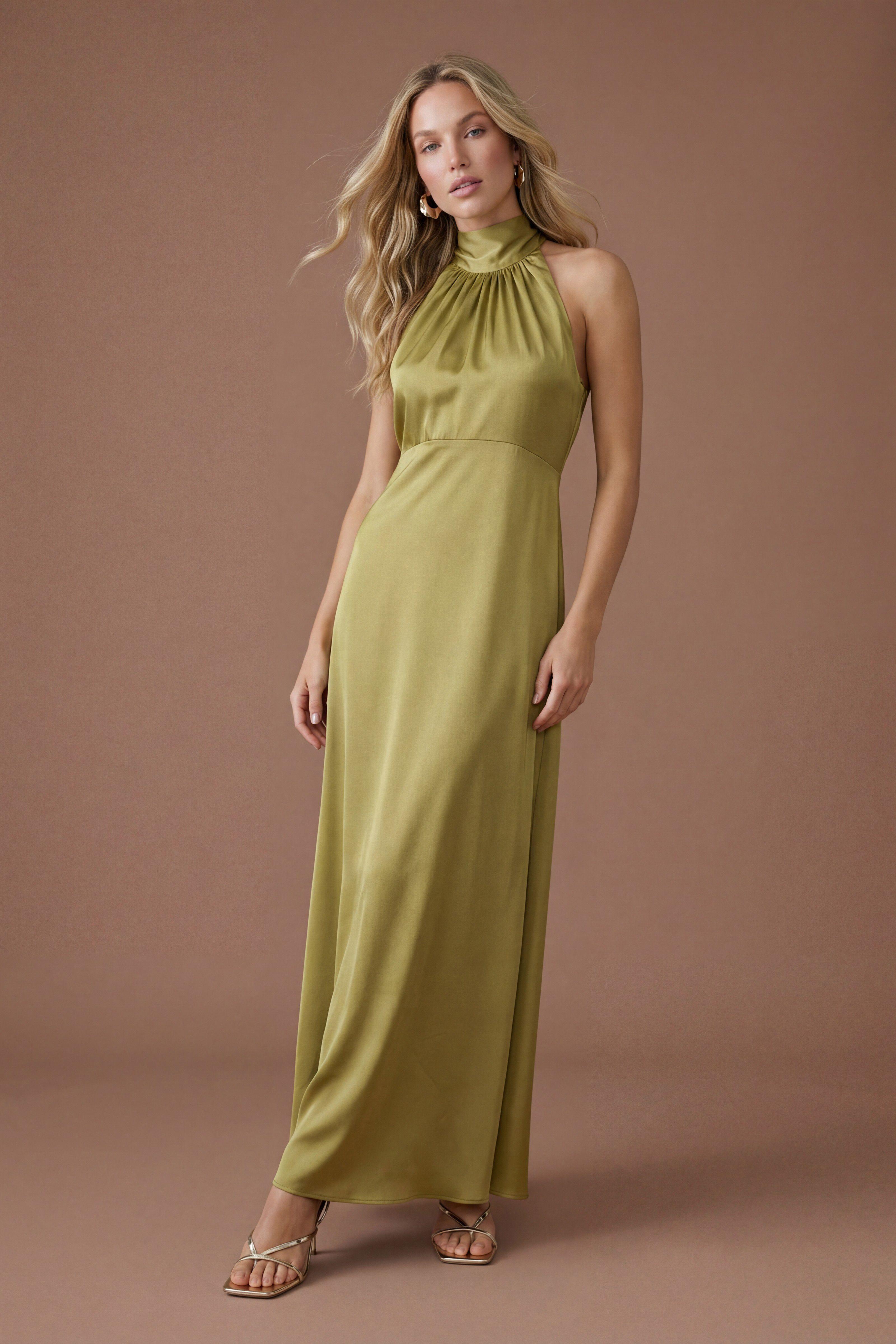 Olive Satin Halter Neck Maxi Bridesmaid Dress by OASIS