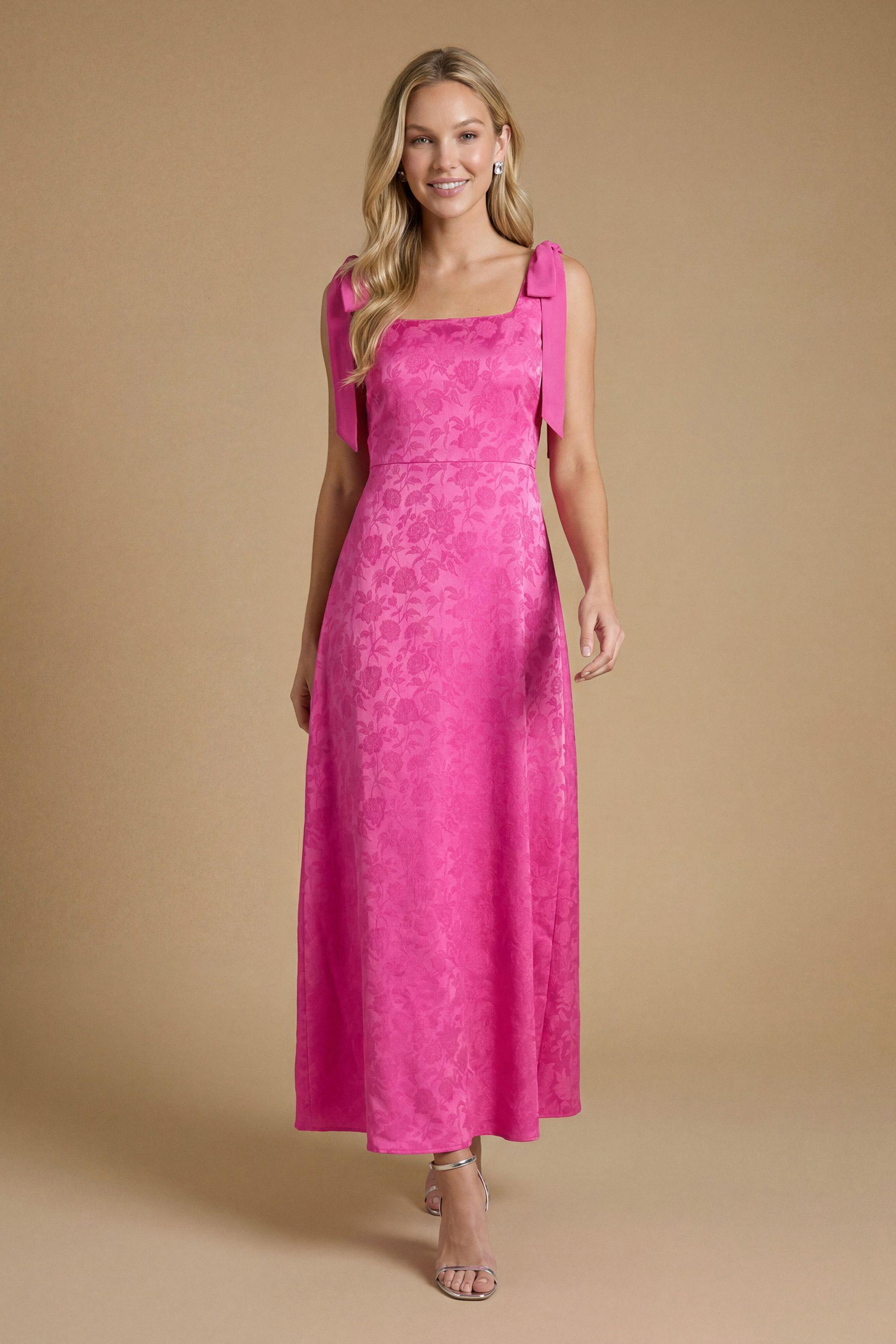 Petite Bright Pink Square Neck Chiffon Tie Shoulder Satin Jacquard Bridesmaid Maxi Dress by OASIS