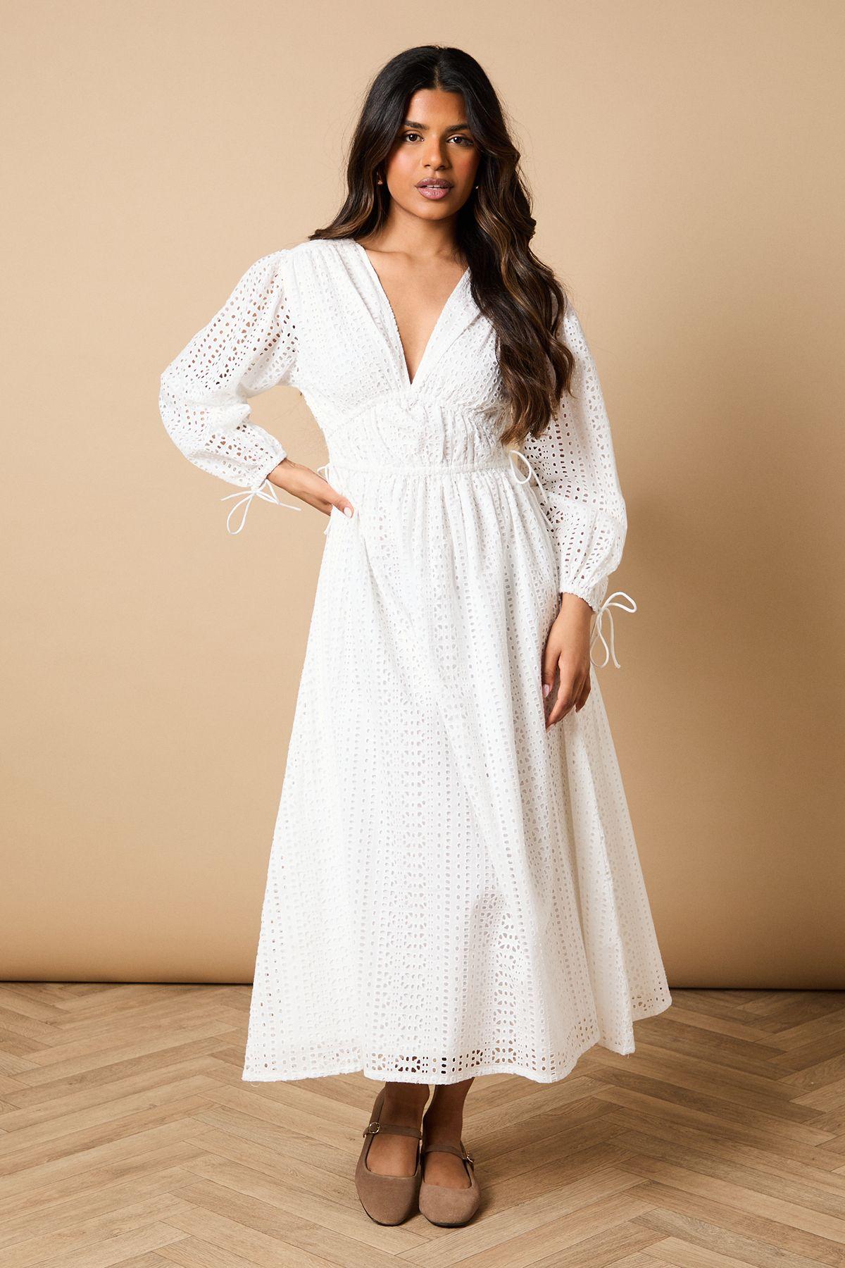 Petite Broderie Tie Front Puff Sleeve Midi Dress by OASIS