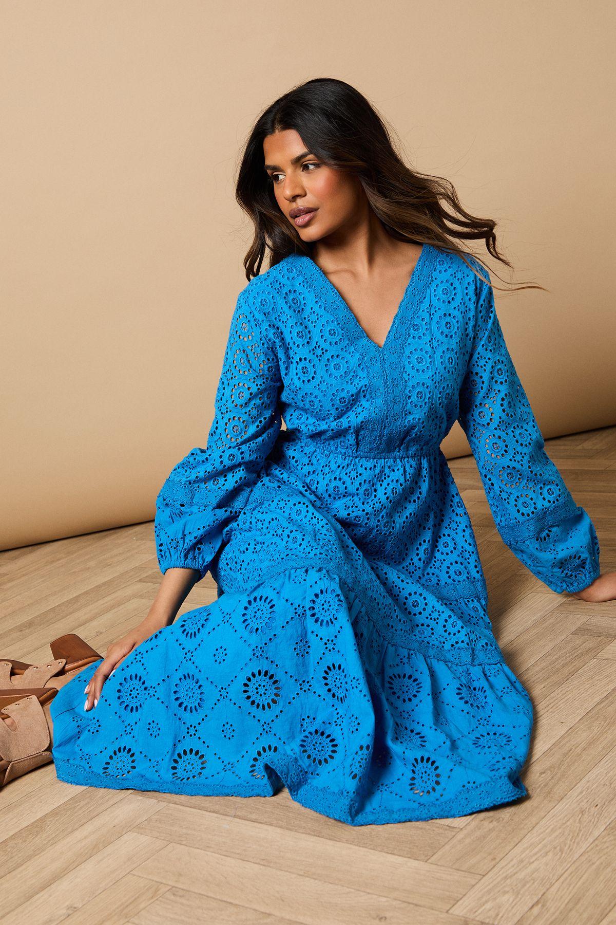 Petite Broderie Trim Detail Puff Sleeve Midi Dress by OASIS