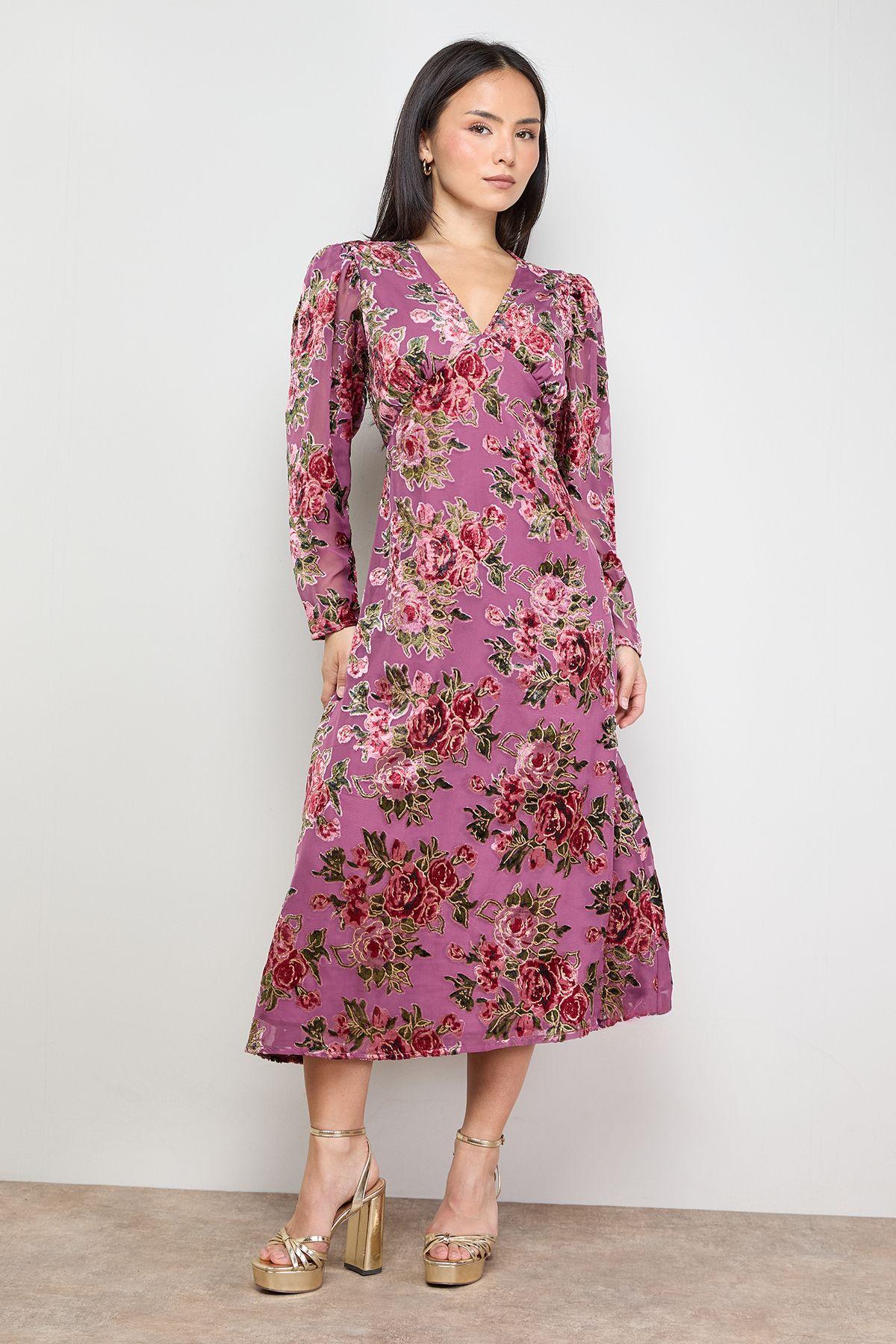 Petite Devore Puff Sleeve Bias Tea Dress by OASIS