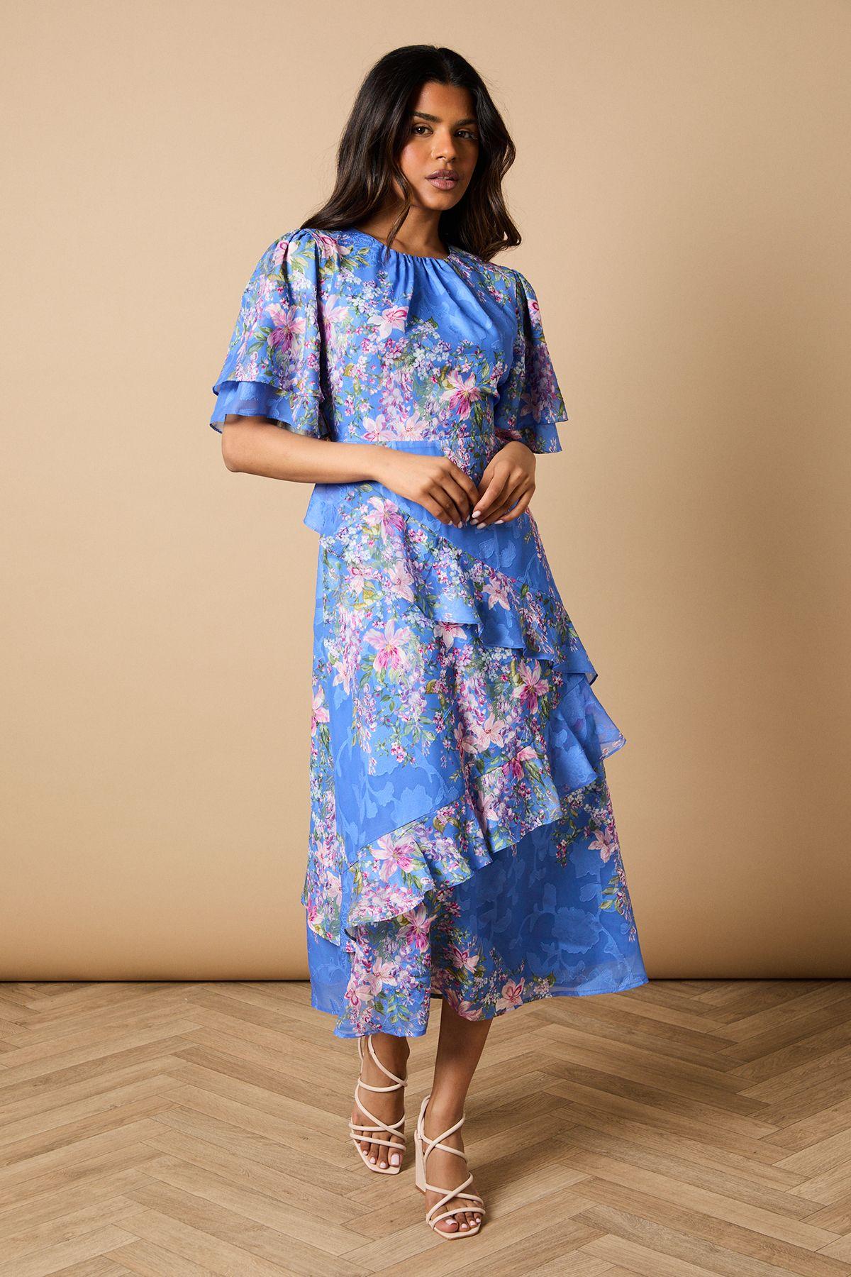 Petite Double Frill Satin Burnout Midi Dress by OASIS