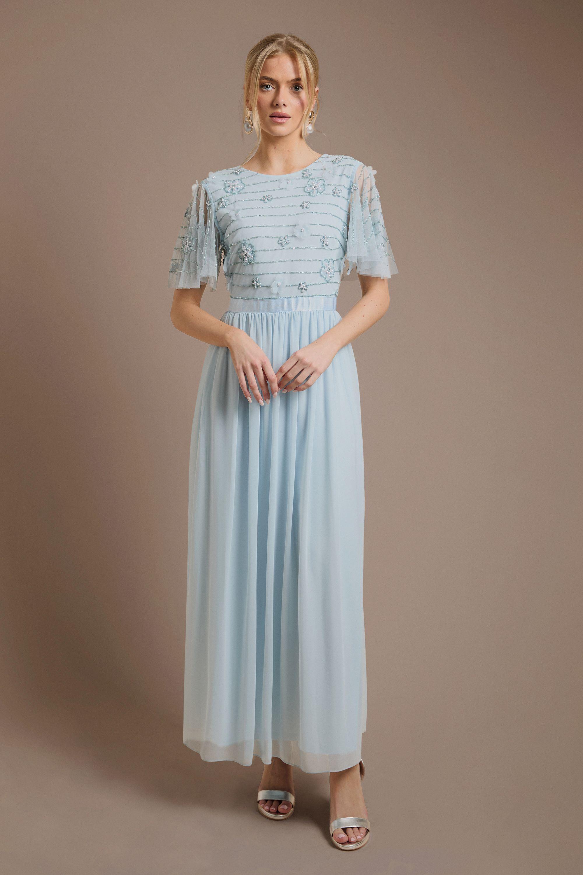 Petite Floral Embellished Mesh Angel Sleeve Maxi Dress by OASIS