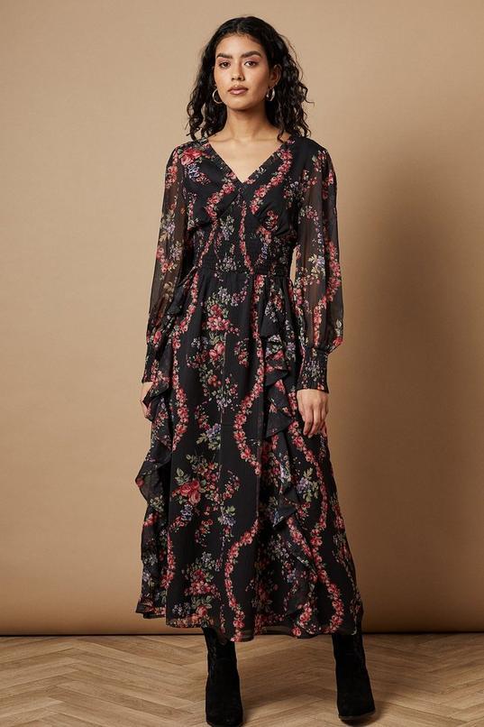 Petite Floral Printed Ruffle Detail Shirred Waist Midaxi Dress by OASIS