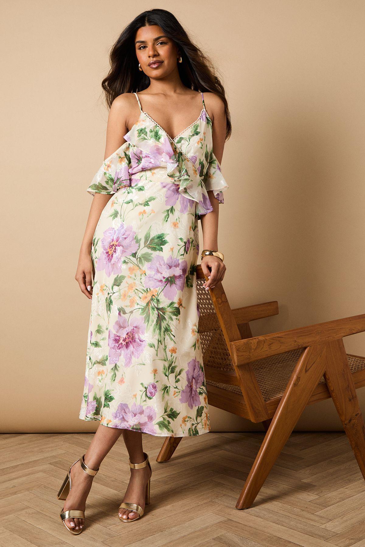 Petite Floral Satin Burnout Cold Shoulder Dress by OASIS