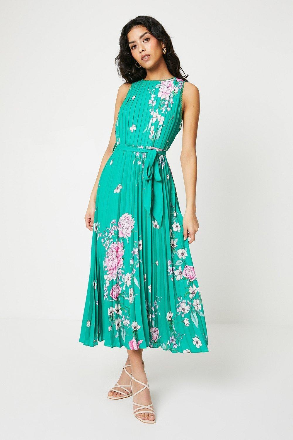 Petite Green Floral Pleated Belted Midi Dress by OASIS