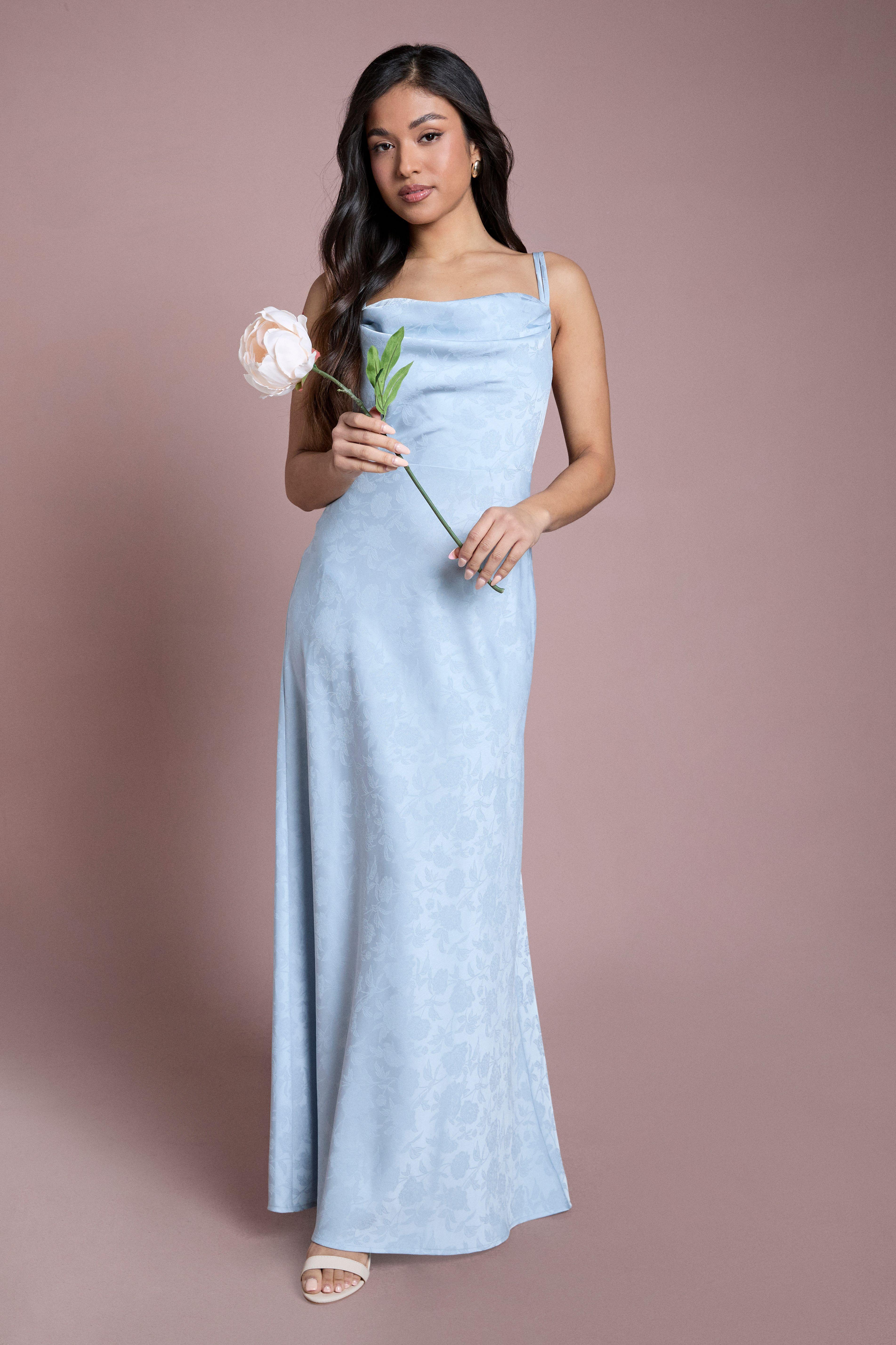 Petite Light Blue Double Strap Cowl Neck Satin Jacquard Bridesmaid Midi Dress by OASIS