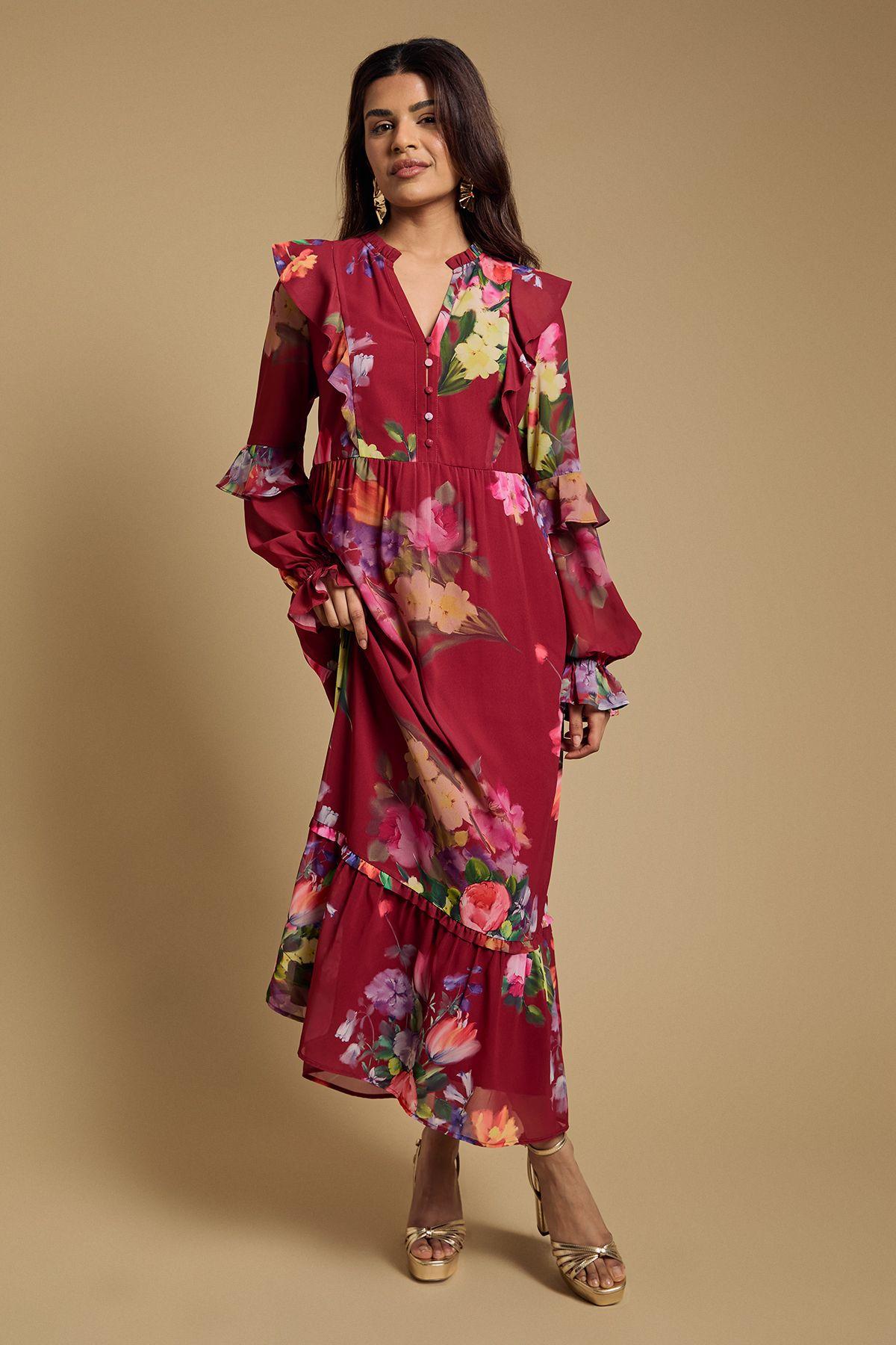 Petite Long Sleeve Ruffle Chiffon Tiered Maxi Dress by OASIS