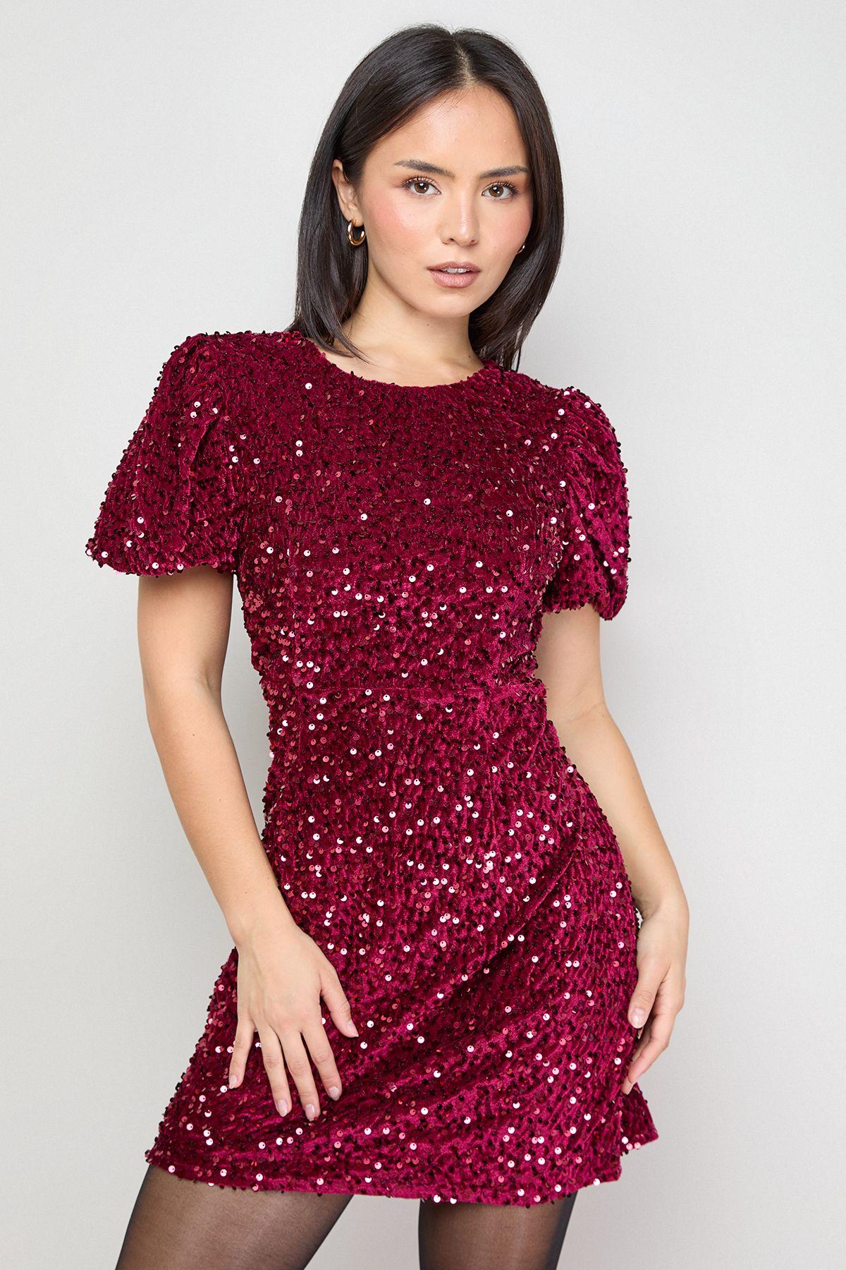 Petite Occasion Puff Sleeve Sequin Mini Dress by OASIS