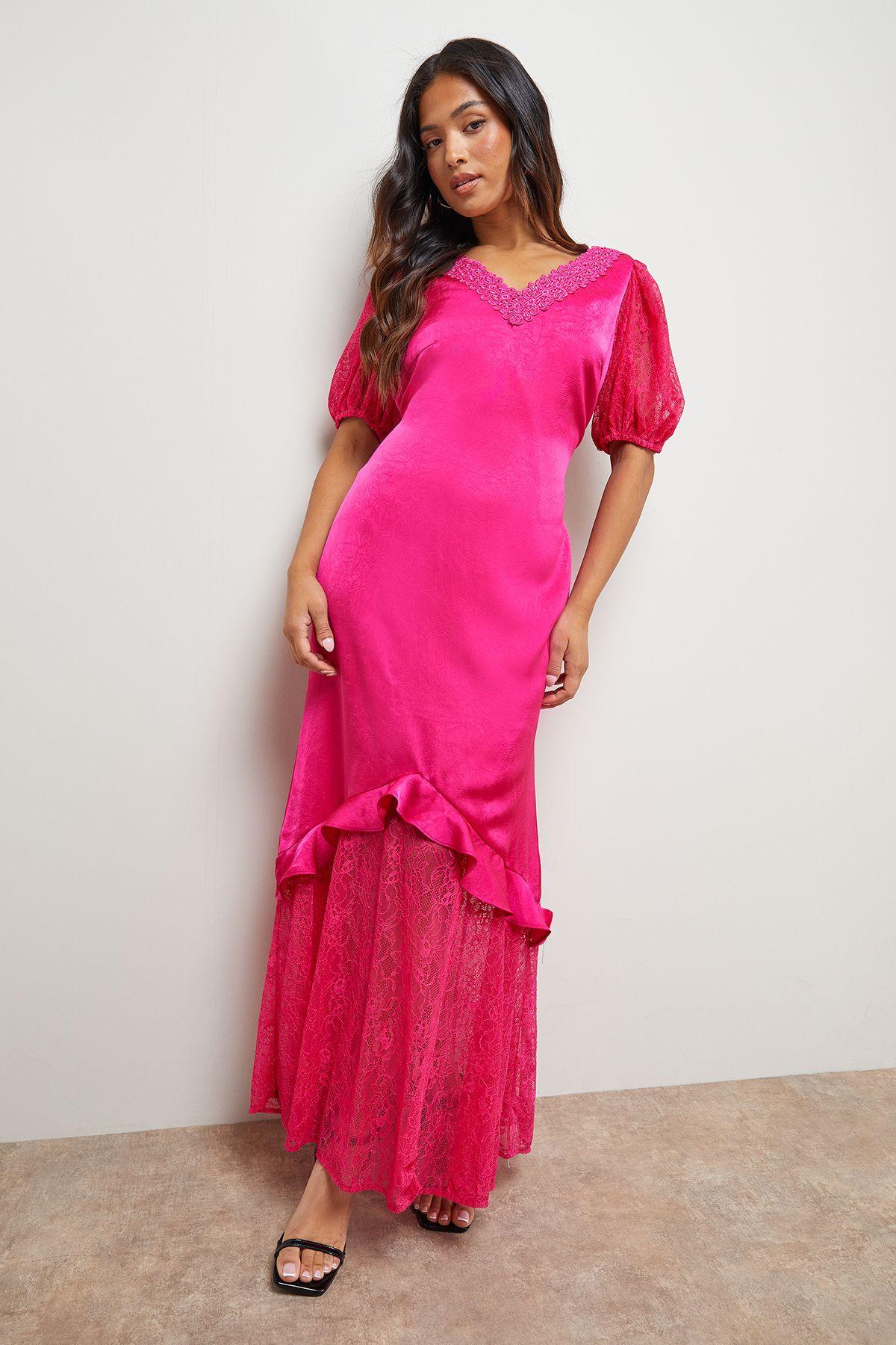 Petite Plain Lace Frill Detail Puff Sleeve Midi Dress by OASIS