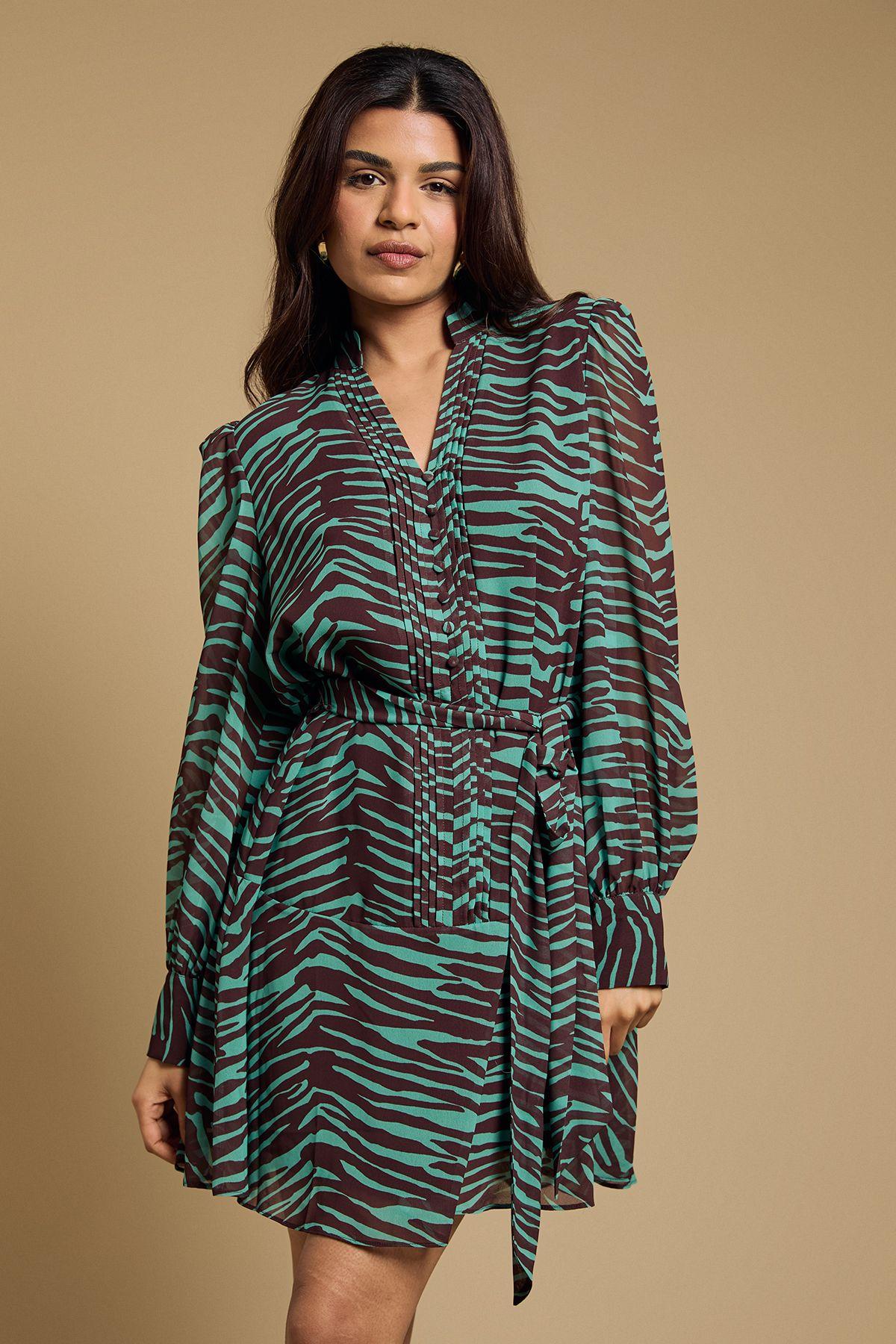 Petite Printed Chiffon Button Up Belted Waist Mini Dress by OASIS