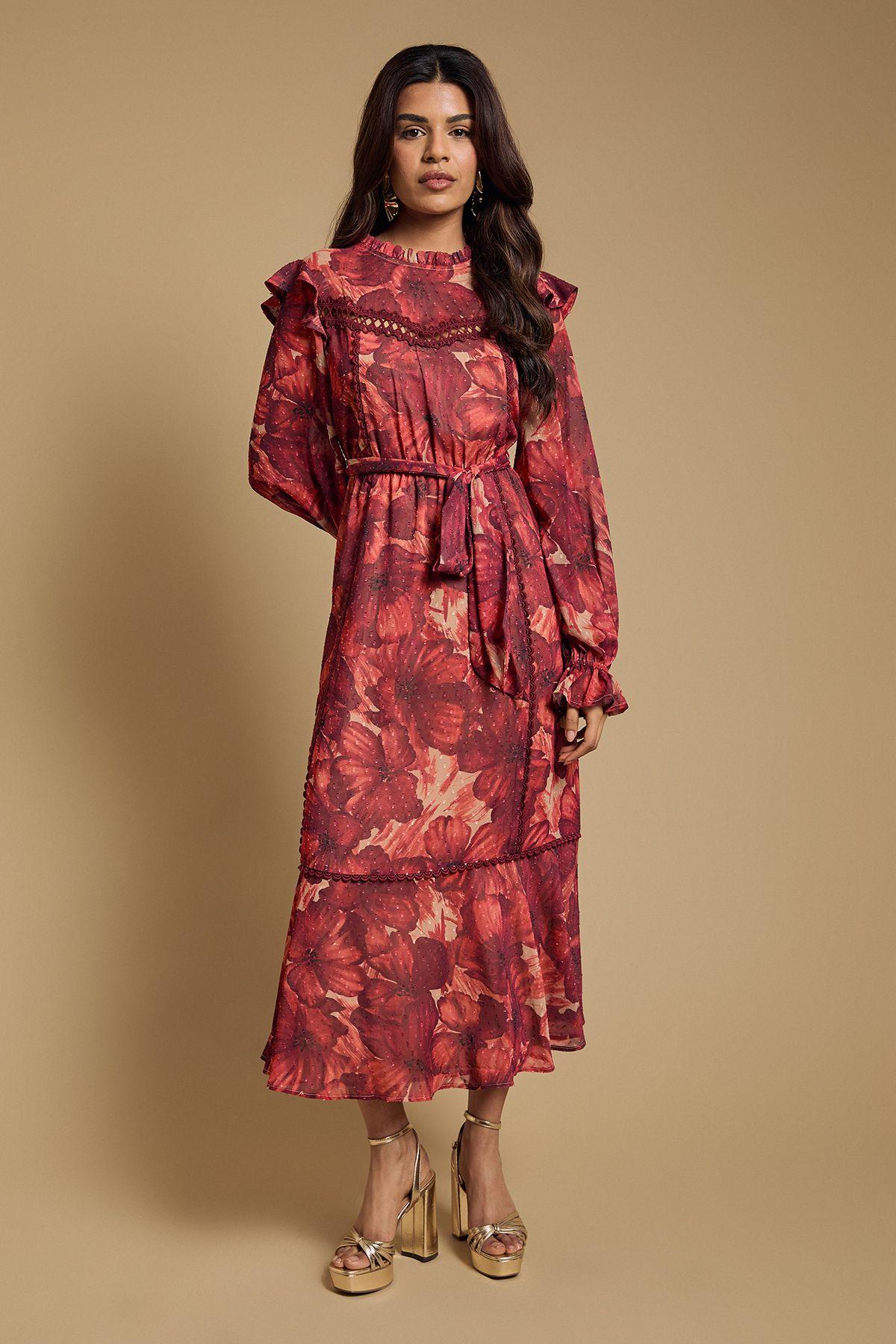Petite Printed Dobby Chiffon Belted Waist Midi Dress by OASIS