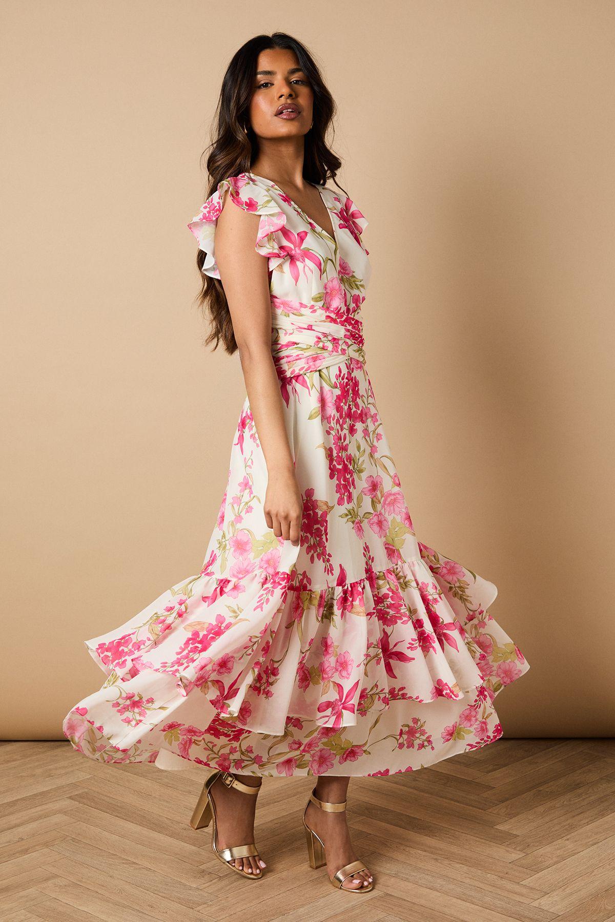 Petite Printed Twist front Detail Tiered Midi Dress by OASIS