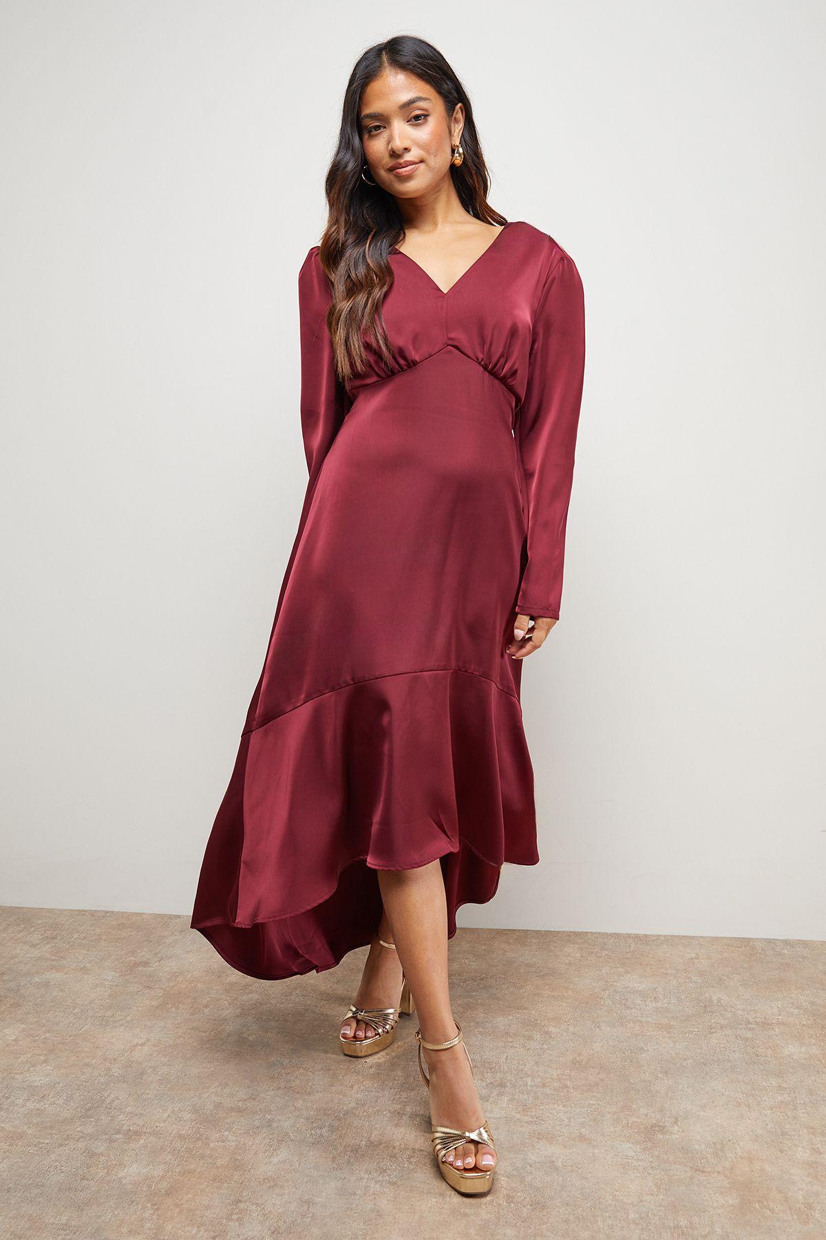 Petite Satin Puff Sleeve V Neck High Low Hem Midi Dress by OASIS