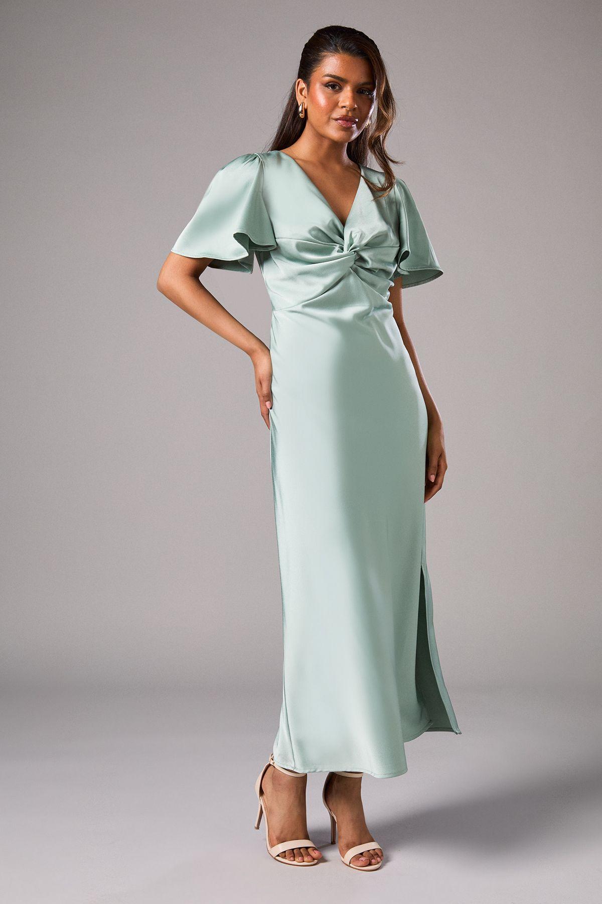 Petite Satin Twist Angel Sleeve Midi Bridesmaid Dress by OASIS