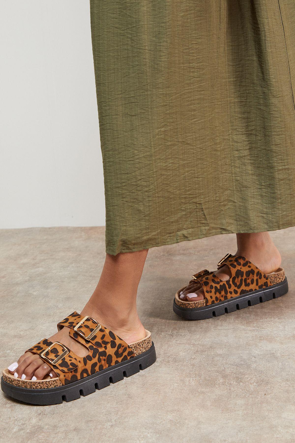 Phoebe Faux Leopard Print Suede Double Buckle Chunky Footbed Sandals by OASIS