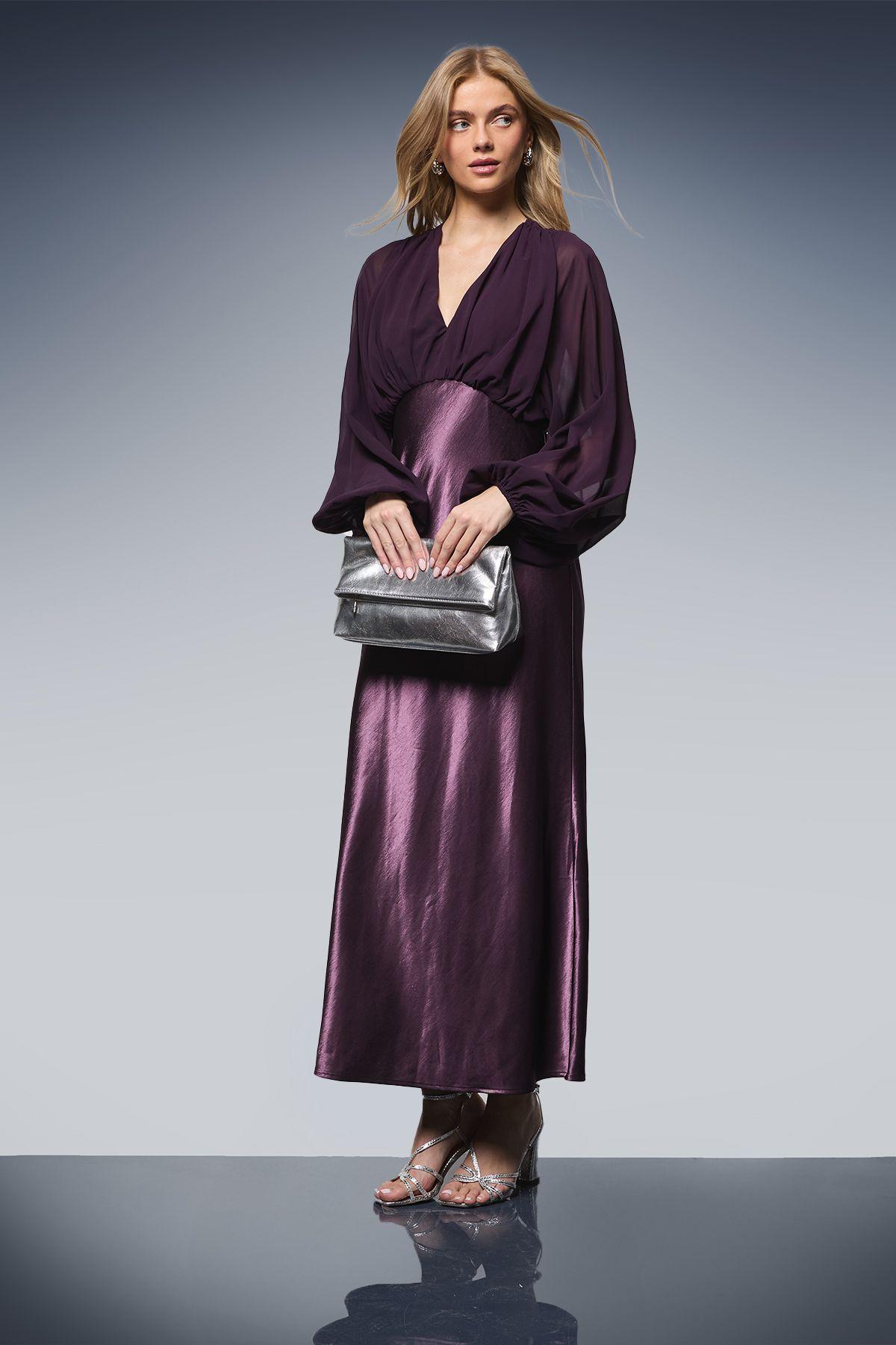 Plain Balloon Sleeve V Neck Satin Chiffon Mix Midaxi Dress by OASIS
