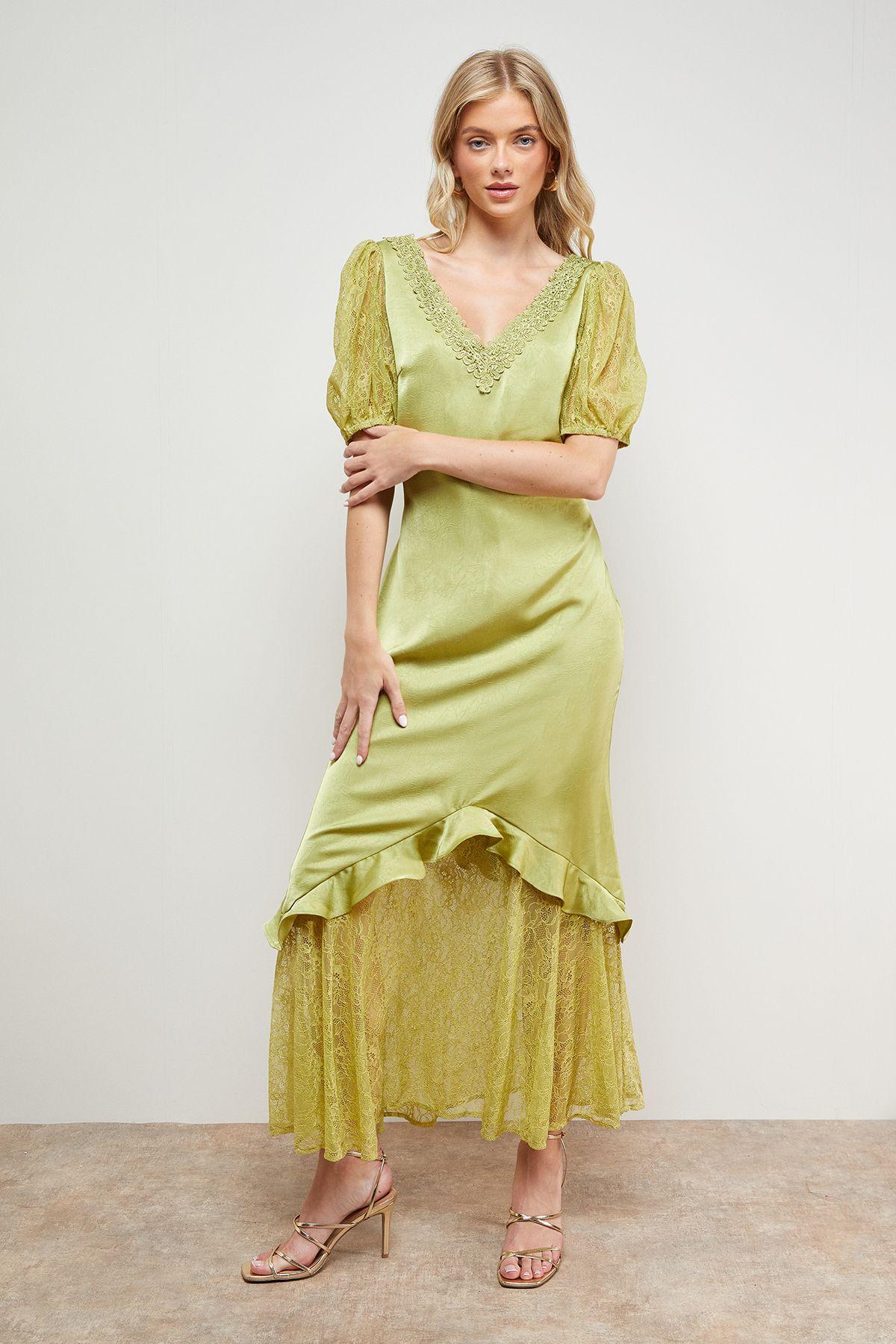 Plain Lace Frill Detail Puff Sleeve Midi Dress by OASIS