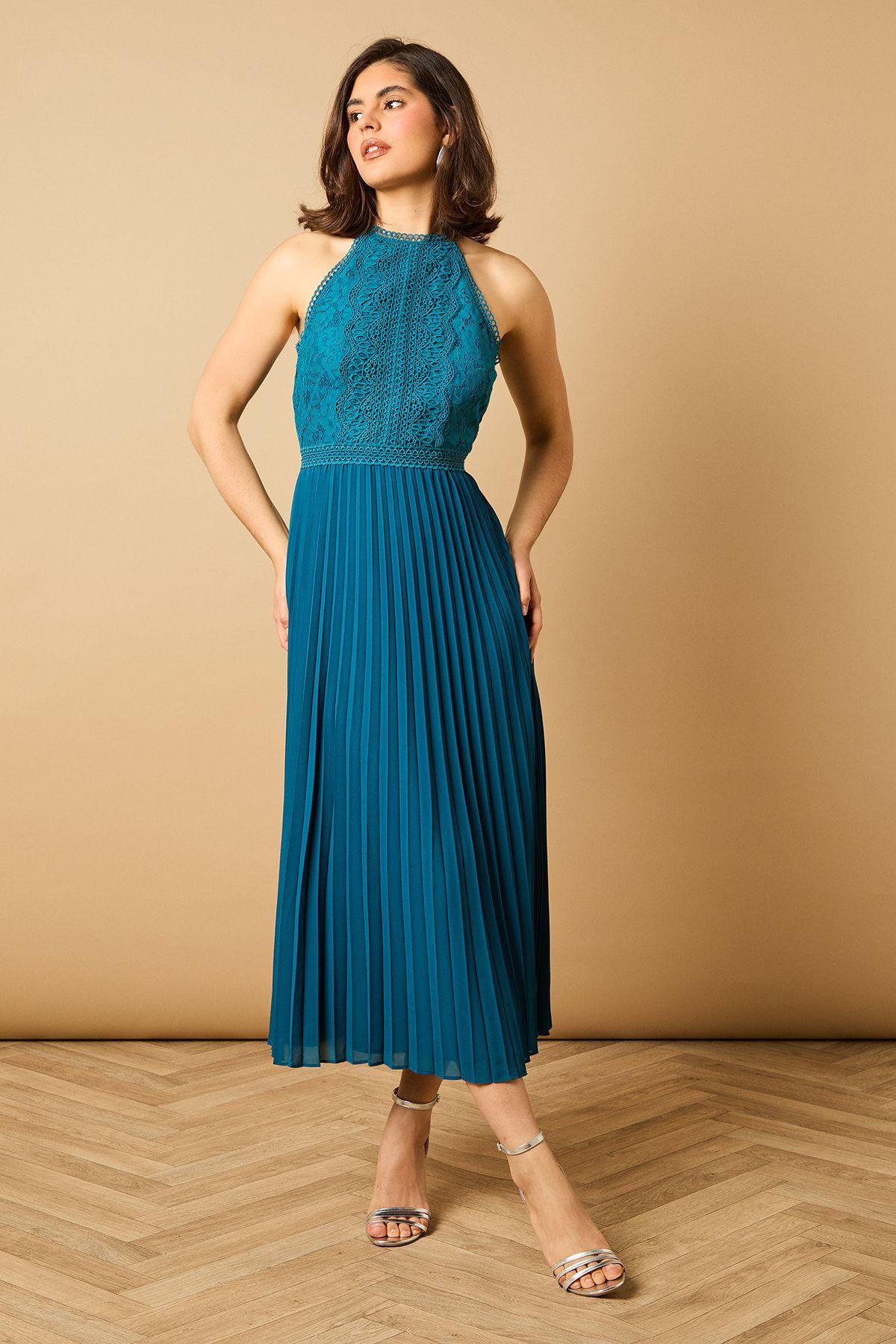 Plain Lace Mix Halterneck Midi Dress by OASIS