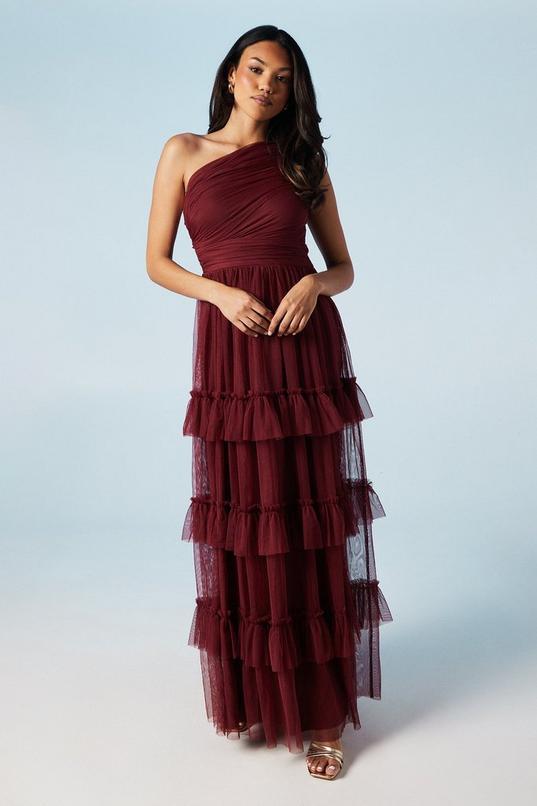 Pleated Mesh One Shoulder Tiered Maxi Bridesmaid Maxi Dress by OASIS