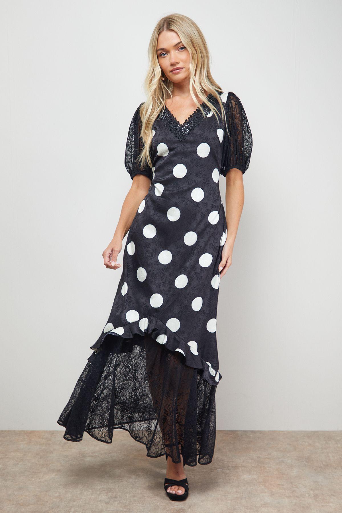 Polkadot Lace Frill Detail Puff Sleeve Midi Dress by OASIS