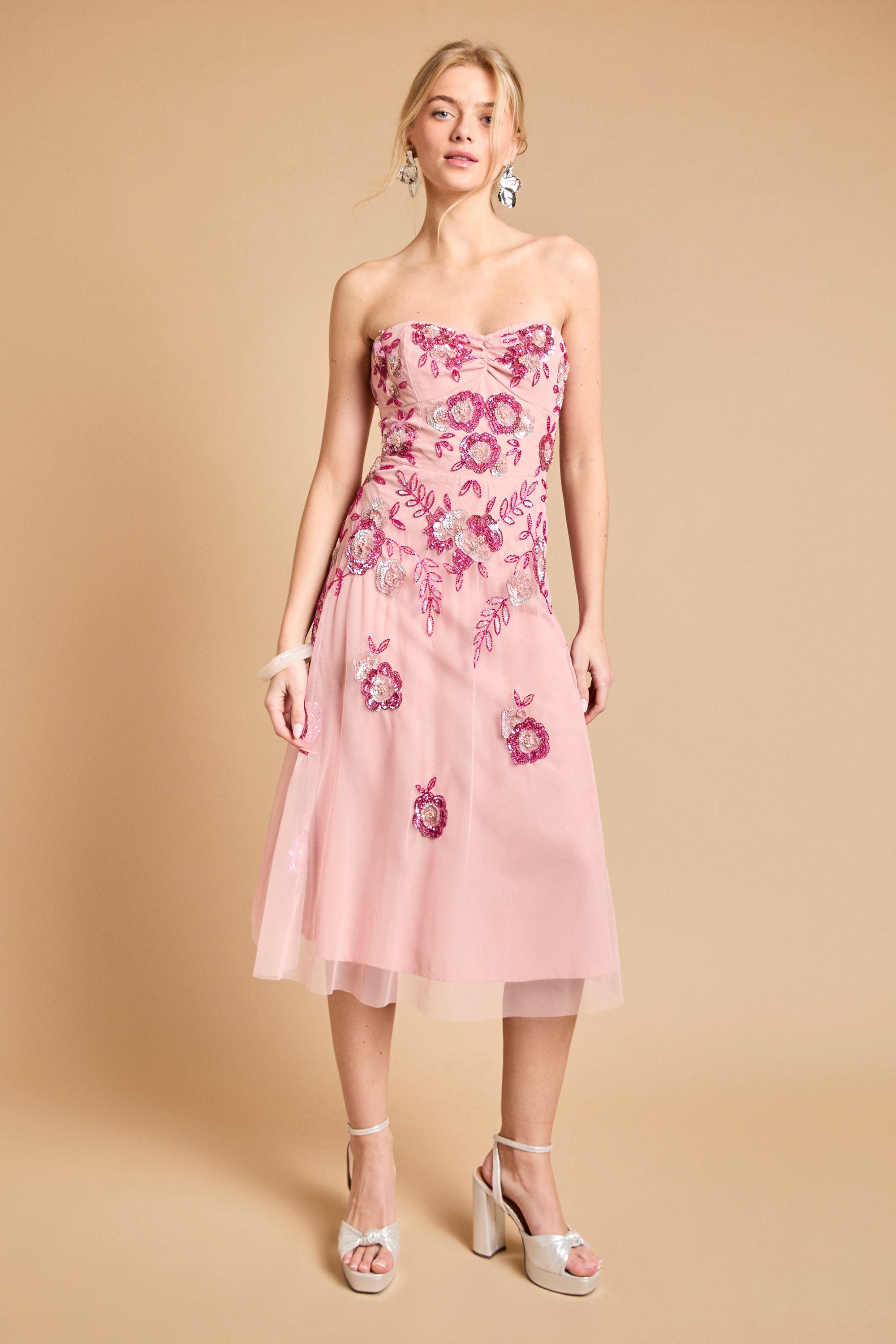 Premium Trailing Floral Embellished Bandeau Midi Dress by OASIS