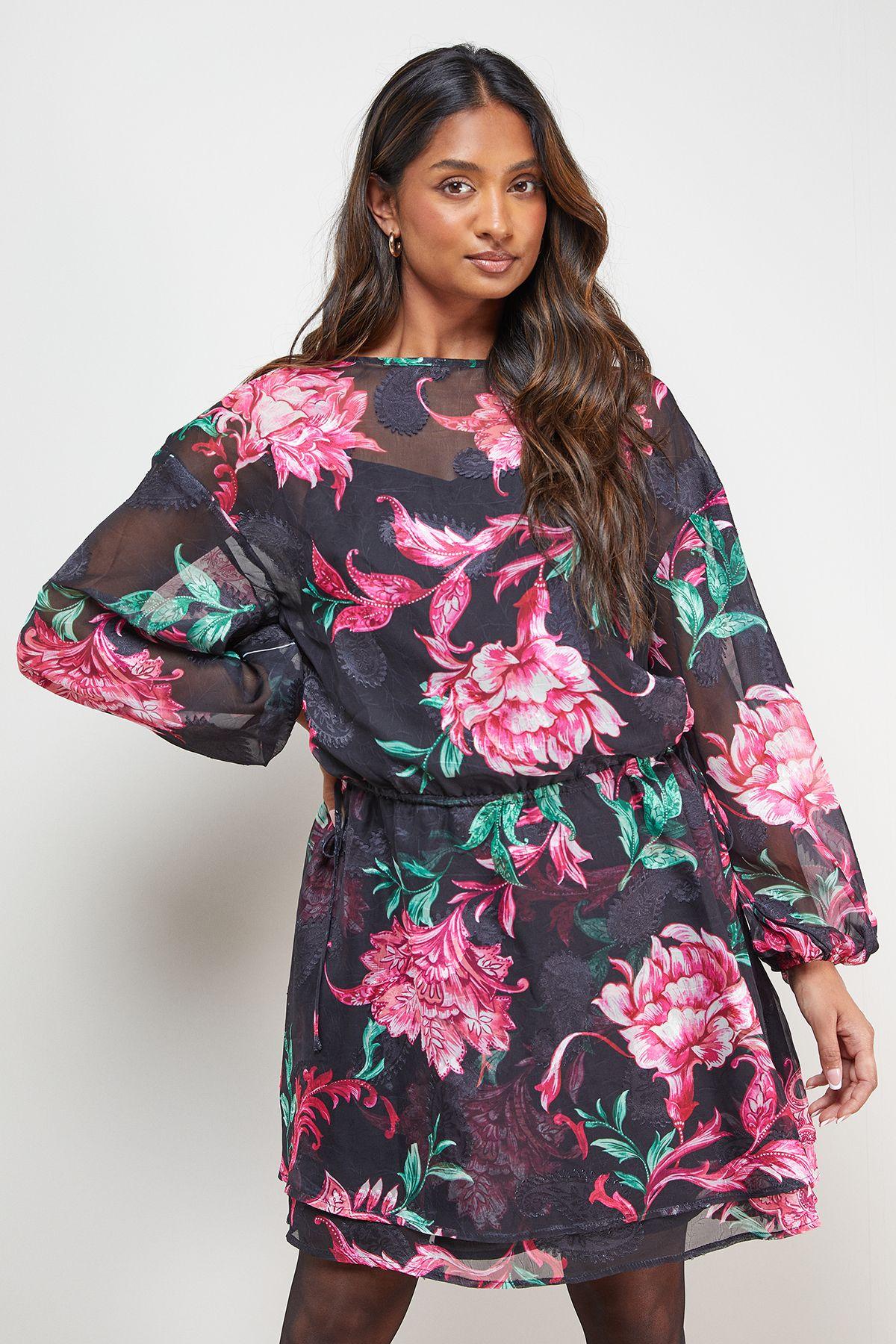 Printed Boho Tie Sleeve Mini Dress by OASIS
