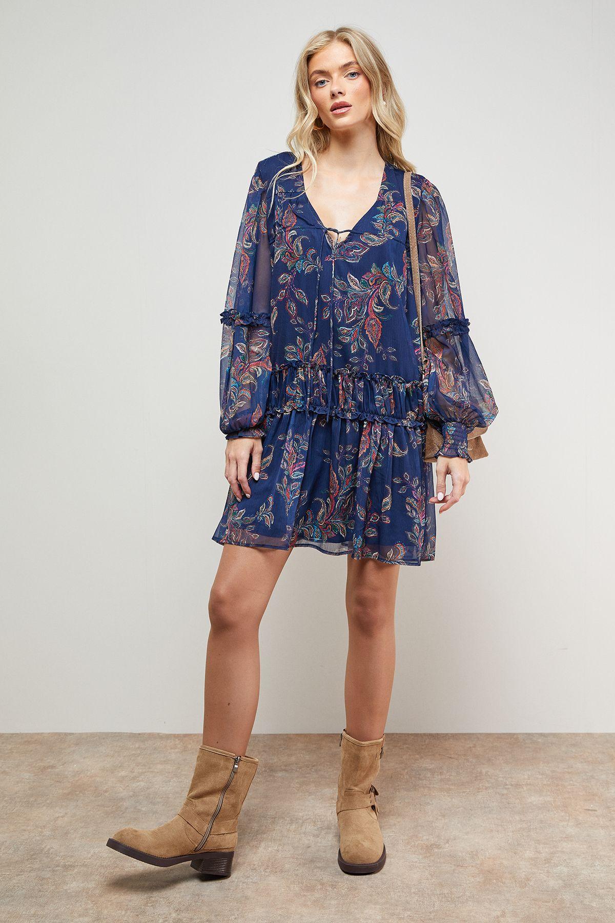 Printed Chiffon Shirred Front Tie Neck Mini Dress by OASIS