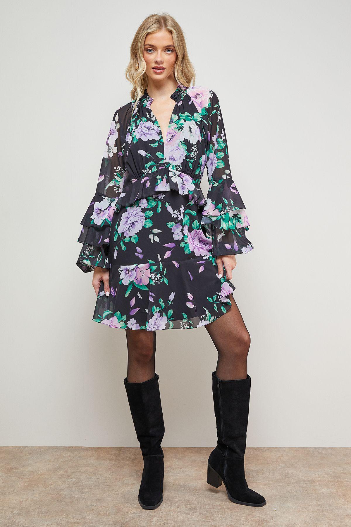 Printed Fluted Sleeve Ruffle Detail Mini Dress by OASIS