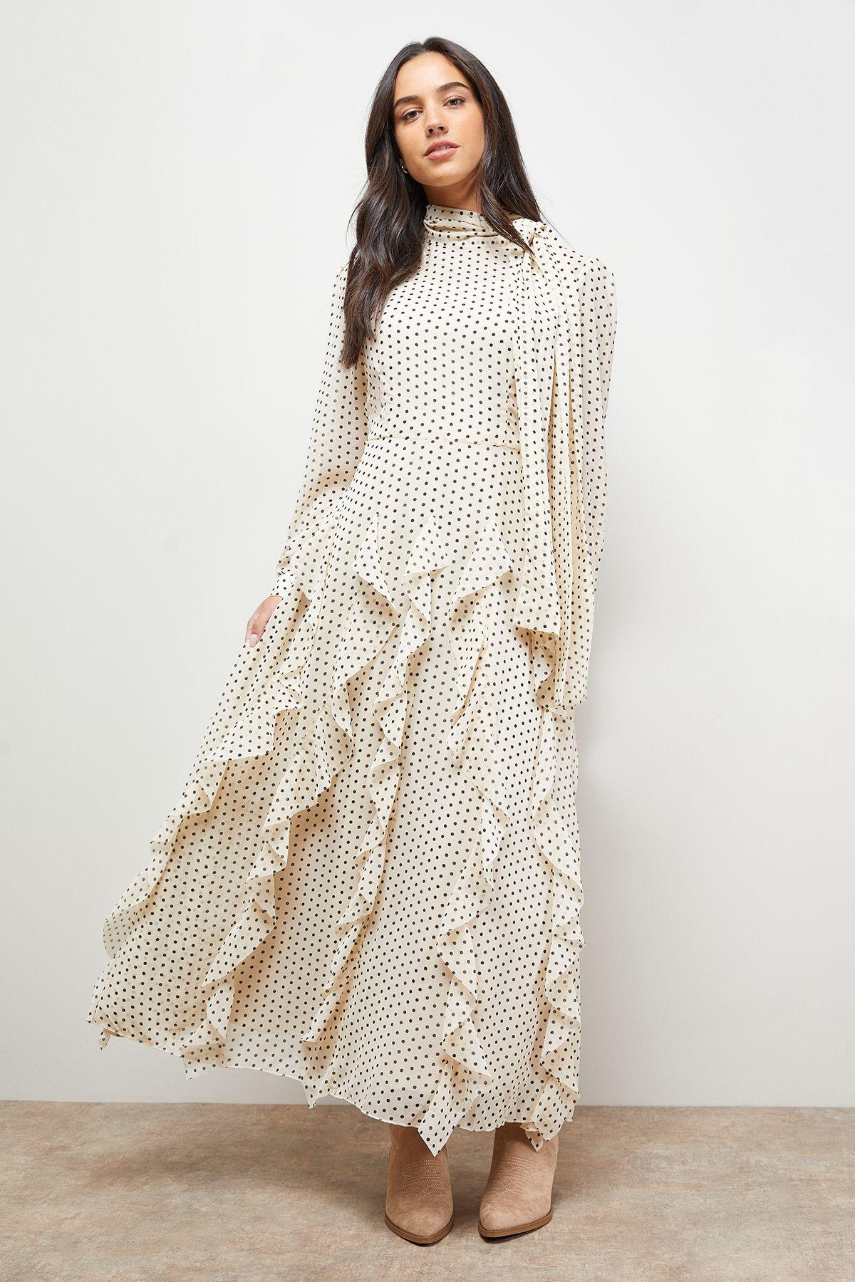 Printed Frill Detail Tie Neck Midaxi Dress by OASIS