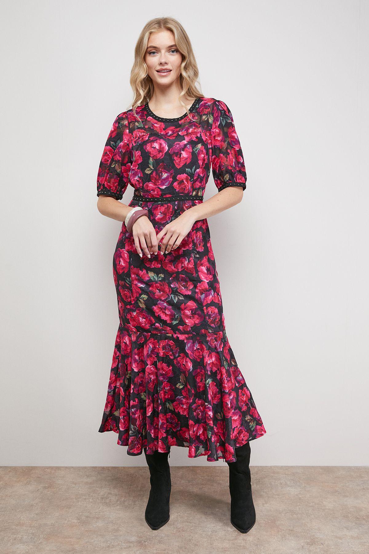 Printed Jacquard Stud Trim Detail Puff Sleeve Midi Dress by OASIS