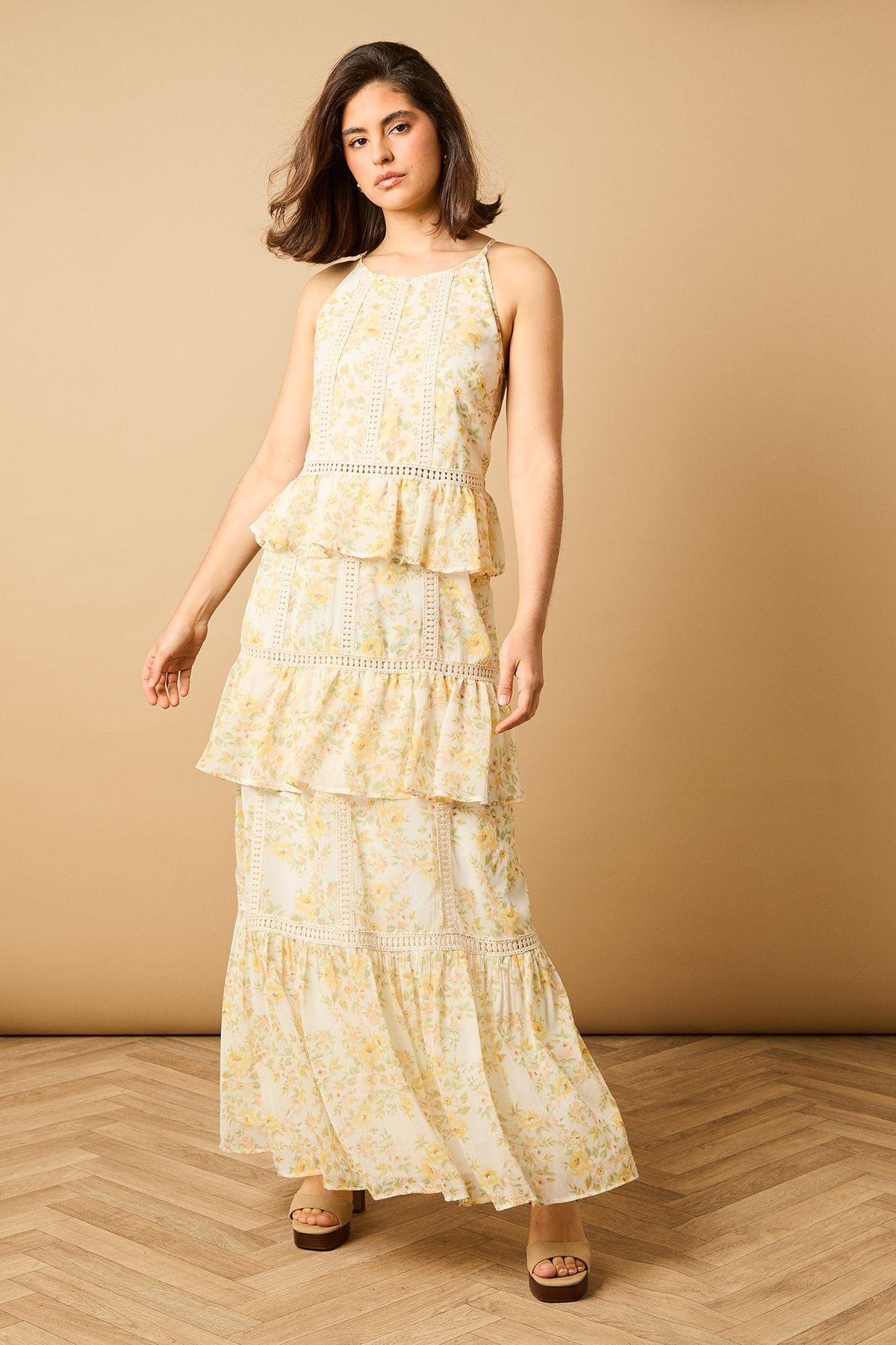 Printed Lace Detail Halterneck Tiered Midaxi Dress by OASIS