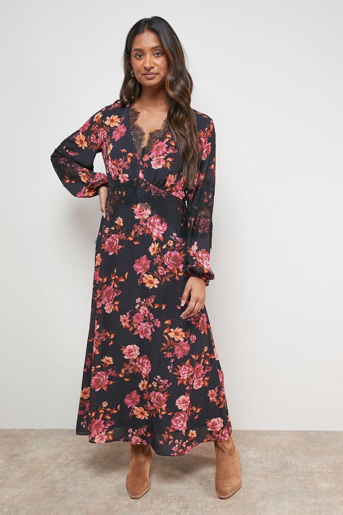 Printed Lace Insert Bias Midi Dress by OASIS