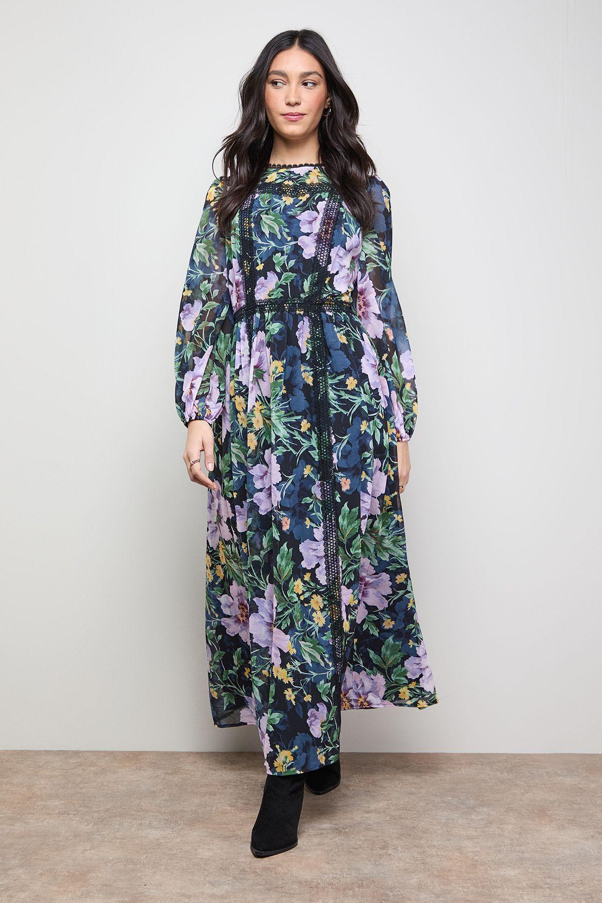 Printed Lace Trim Balloon Sleeve Midi Smock Dress by OASIS