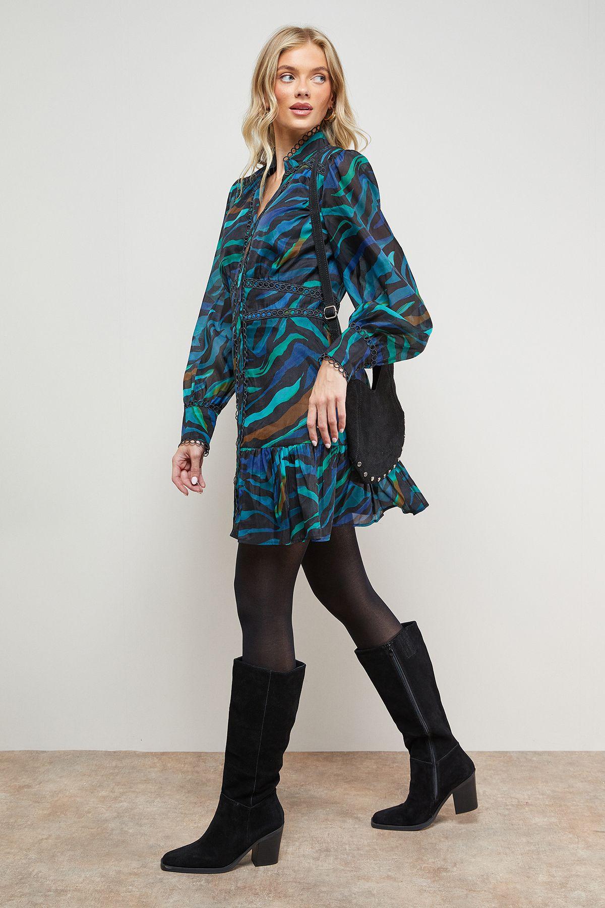 Printed Lace Trim Boho Shirt Mini Dress by OASIS