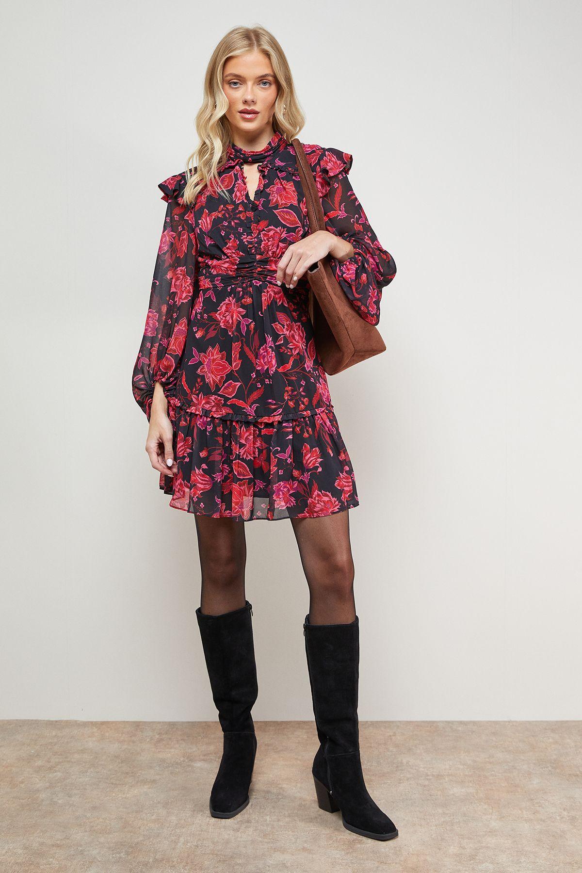 Printed Ruched High Neck Mini Fit And Flare Dress by OASIS