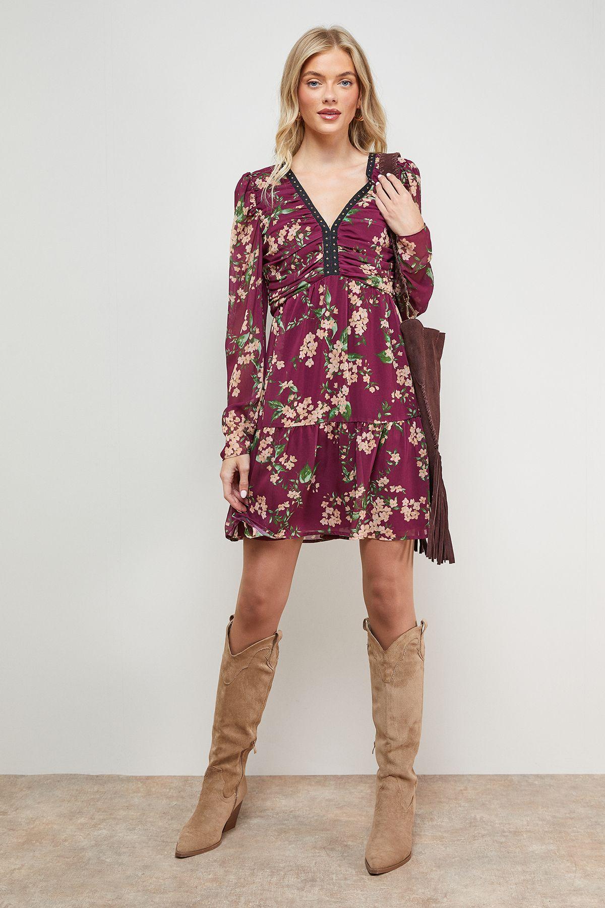 Printed Statement Shoulder Ruched Body Mini Dress by OASIS