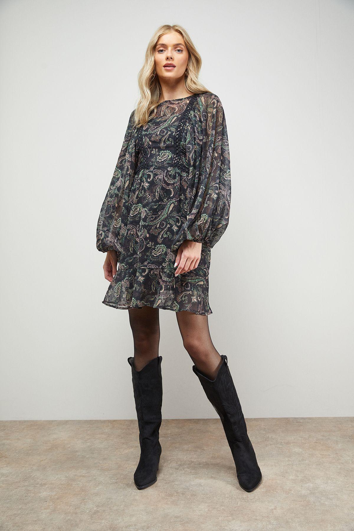 Printed Trim Detail Batwing Mini Dress by OASIS