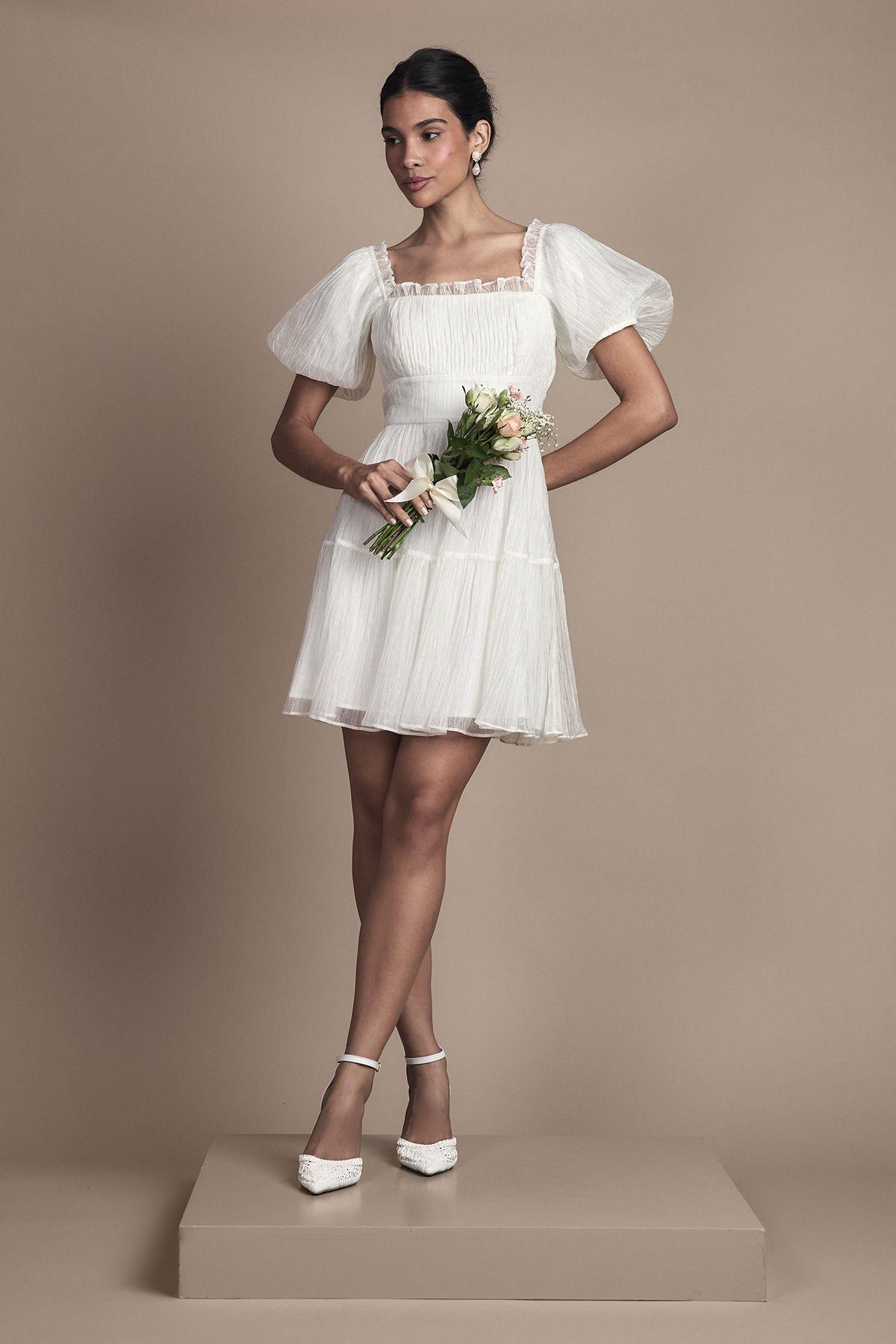Puff Sleeve Organza Mini Bridal Dress by OASIS