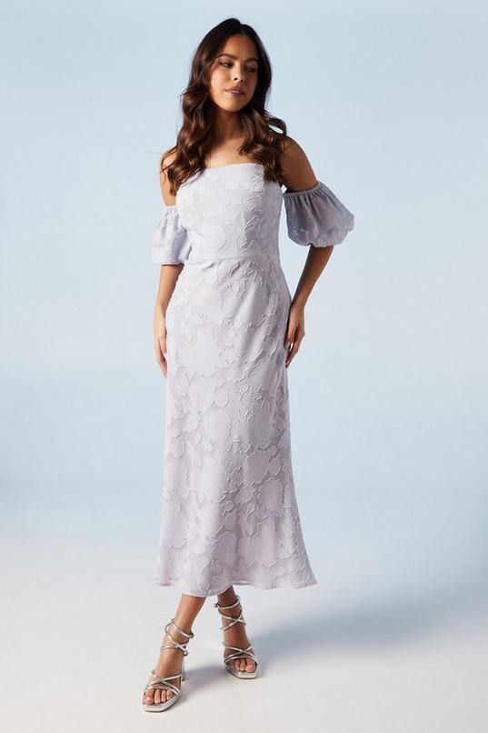 Rose Jacquard Puff Sleeve Asym Detail Bridesmaid Midi Dress by OASIS
