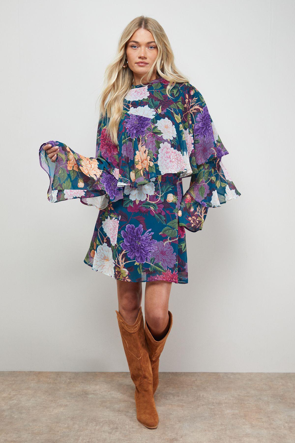 Ruffled Cape Sleeve Mini Dress by OASIS