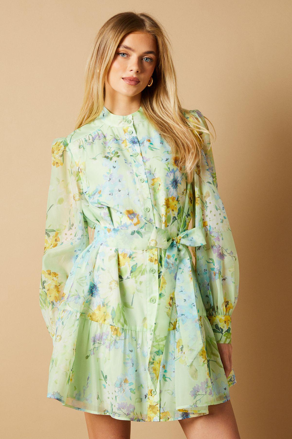 Sage Floral Organza Mini Shirt Dress by OASIS