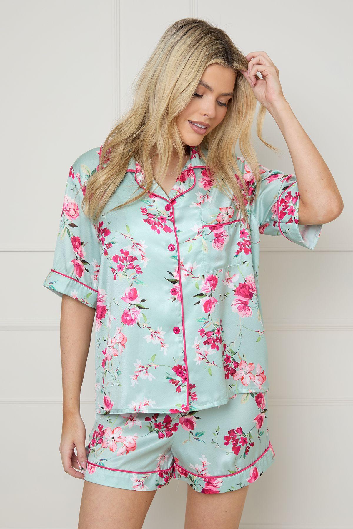 Sage Floral Satin Printed Short Nightwear set by OASIS