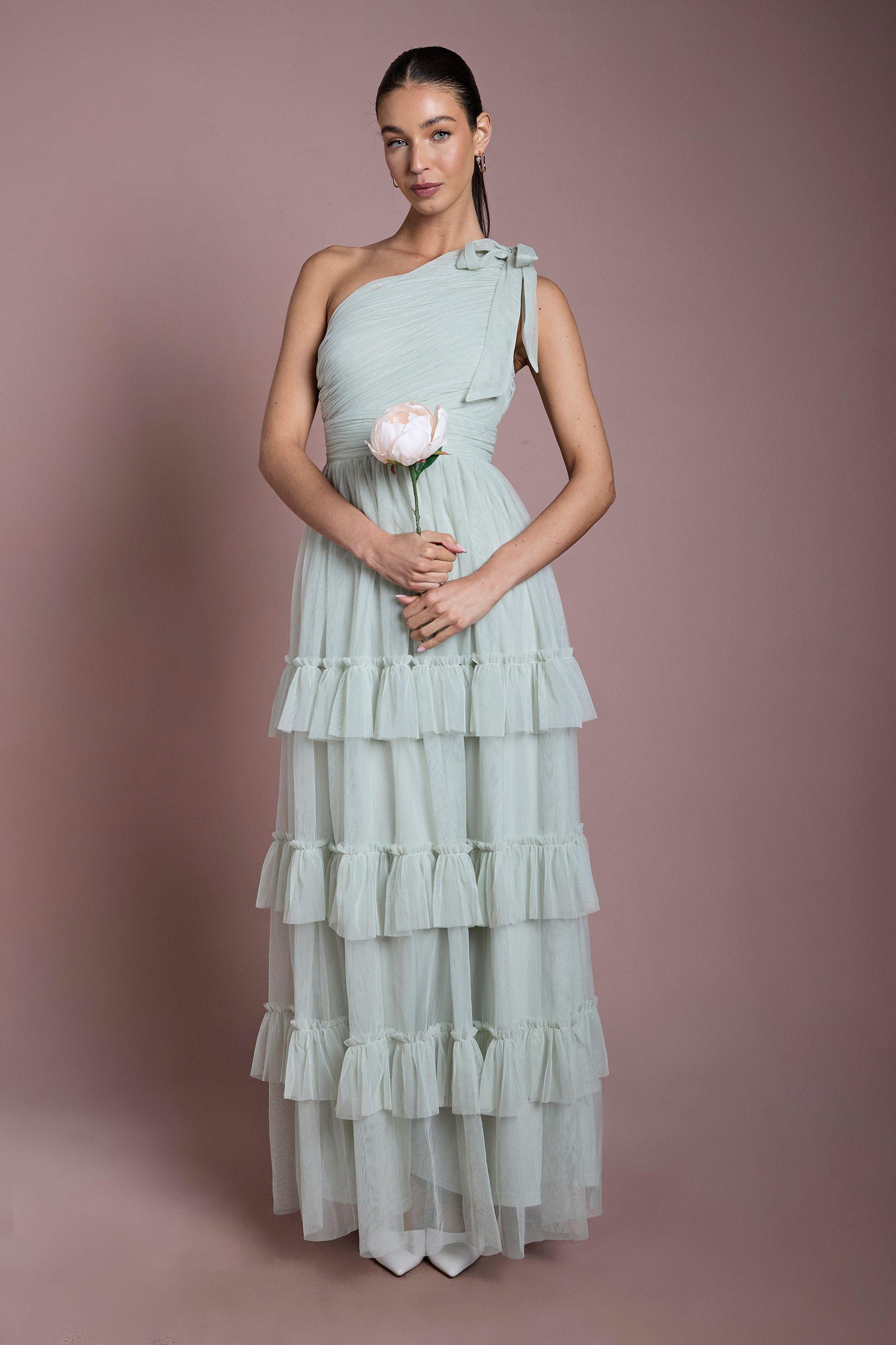 Sage Pleated Mesh One Shoulder Tiered Maxi Bridesmaid Maxi Dress by OASIS