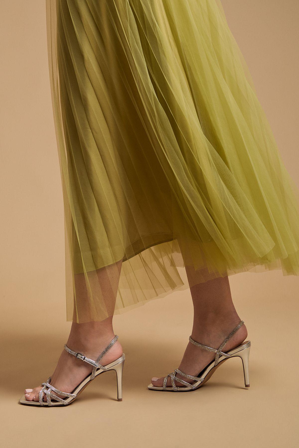 Sana Metallic Faux Leather Embellished Cage High Stiletto Heeled Sandals by OASIS