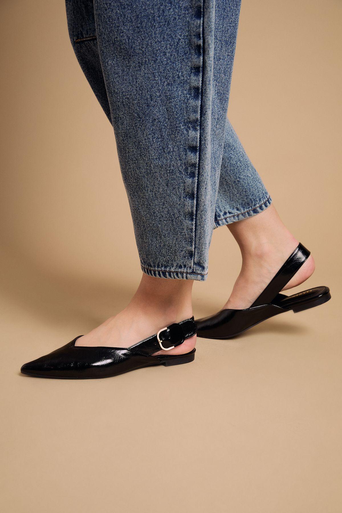 Sandy Faux Patent Leather Pointed Slingback Buckle Flat Shoes by OASIS